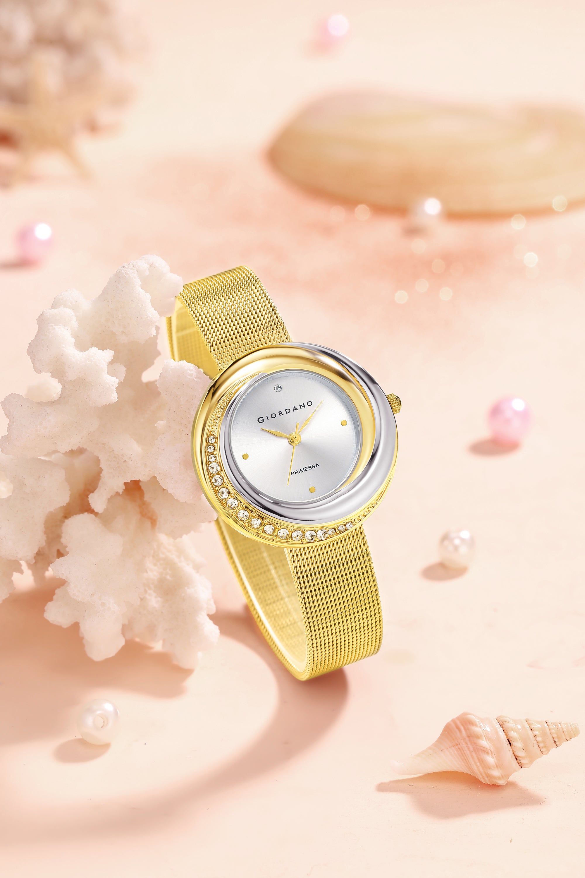 Giordano Primessa Analog Quartz Watch for Women with Textured Round Rose Gold Dial, Hour Markers, Date Display, Water Resistant and Rose Gold Stainless Steel Strap - GZ-60181-22