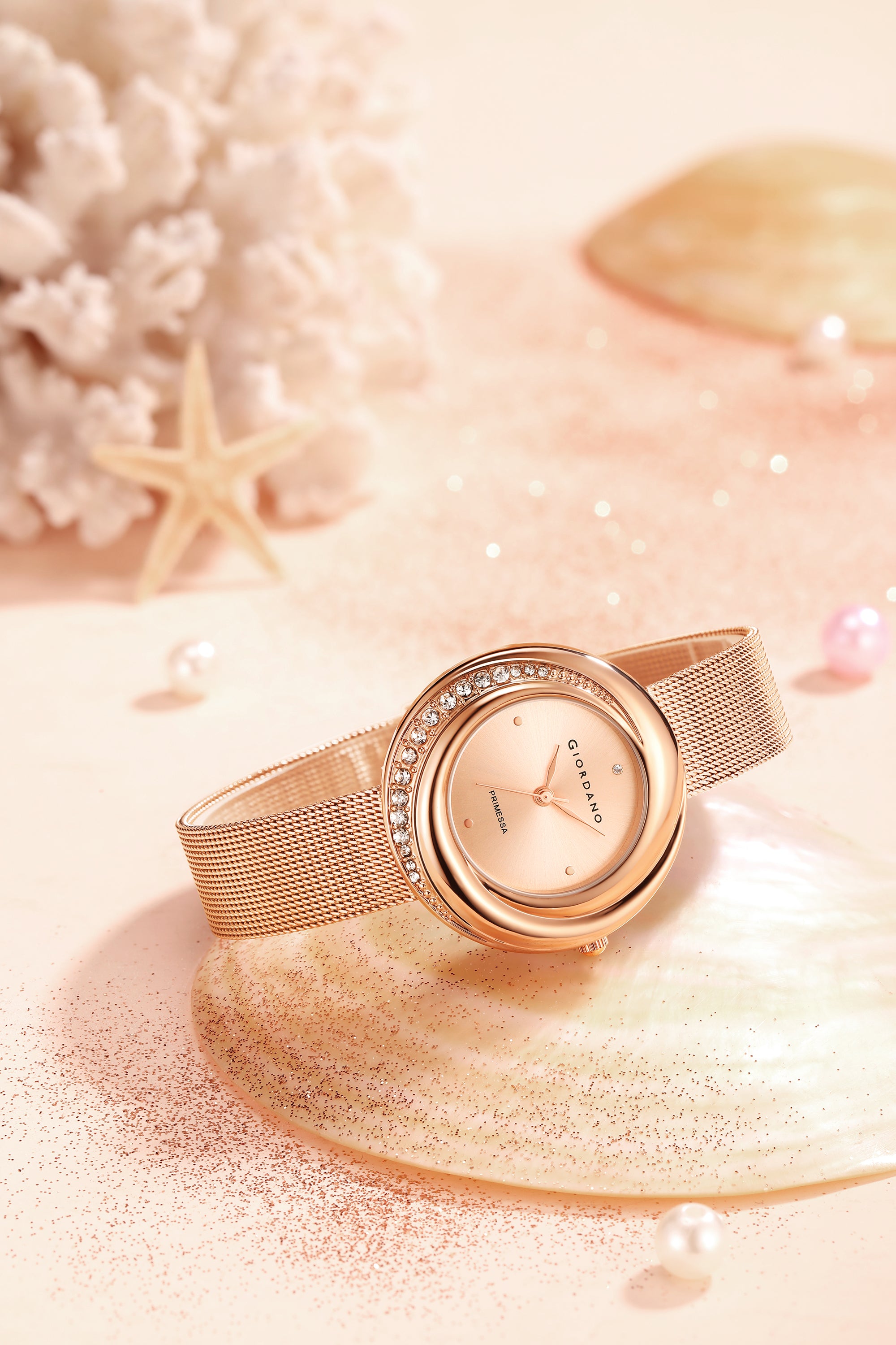 Giordano Primessa Analog Watch for Women with Round Rose Gold Dial, Crystal Accented Bezel, Hour Markers, Quartz Movement and Rose Gold Stainless Steel Mesh Strap - GZ-60182-11