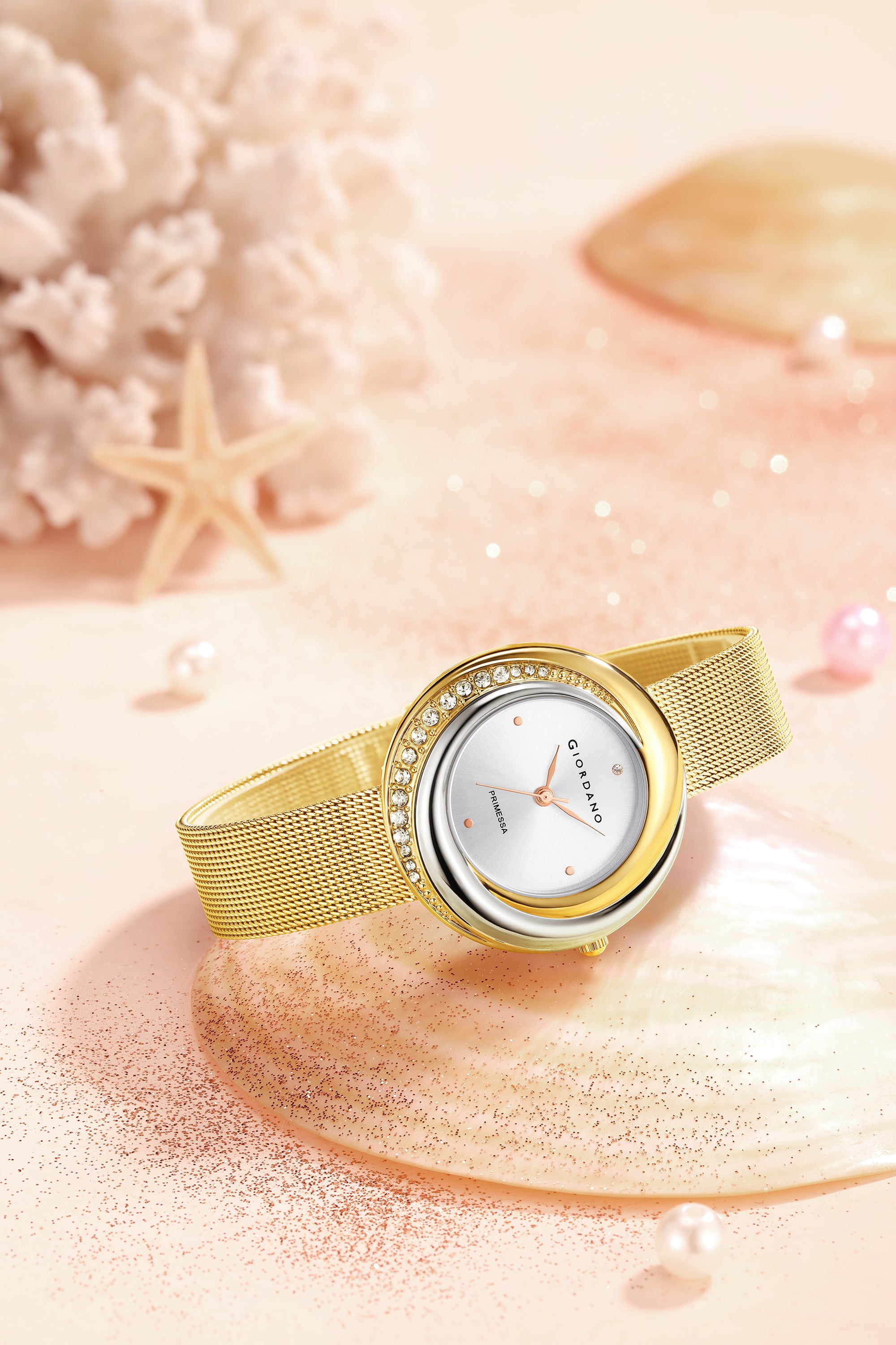 Giordano Primessa Analog Watch for Women with Round Silver Dial, Crystal Accented Bezel, Hour Markers, Quartz Movement and Gold Stainless Steel Mesh Strap - GZ-60182-22