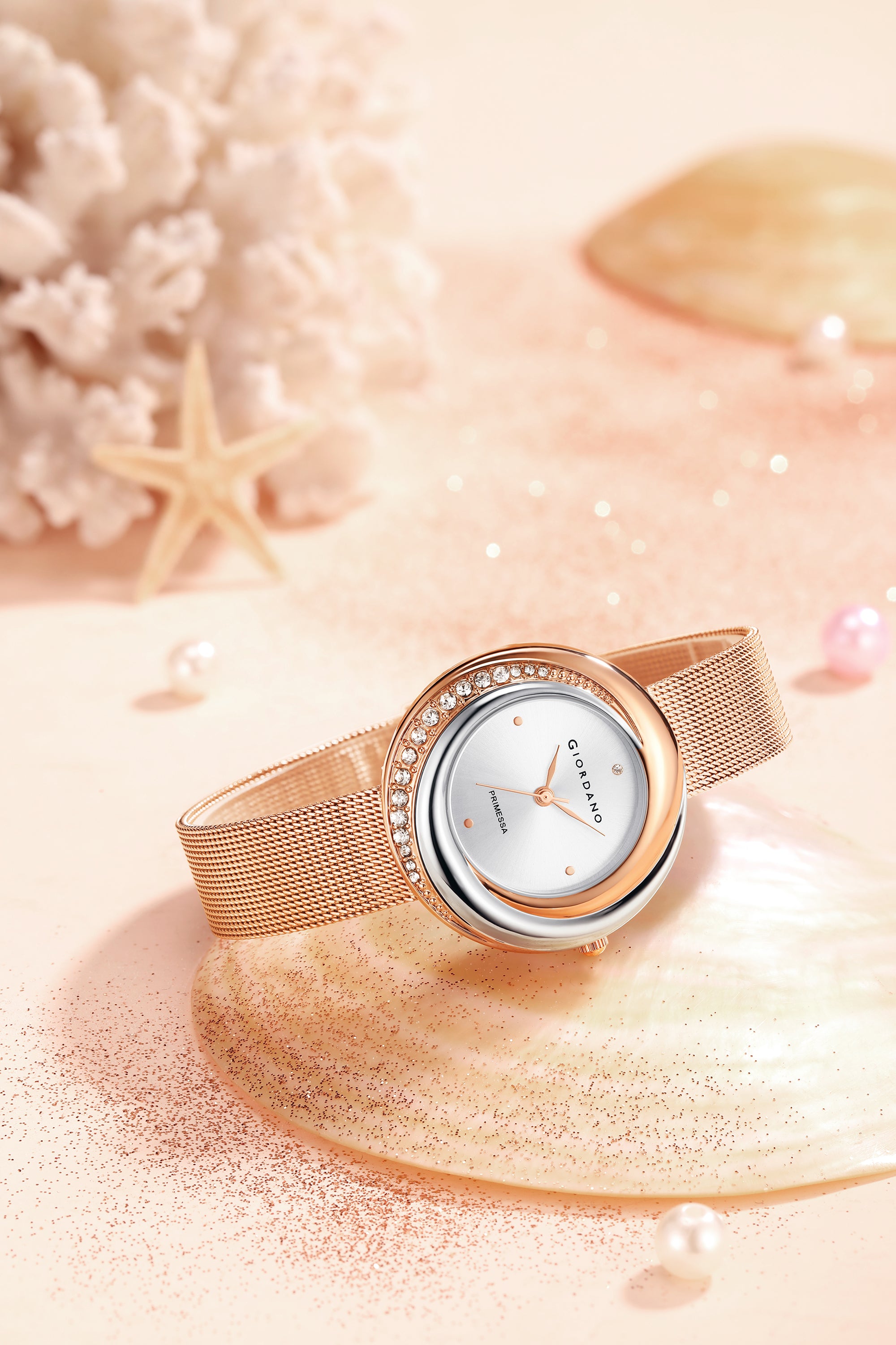 Giordano Primessa Analog Watch for Women with Round Silver Dial, Crystal Accented Bezel, Hour Markers, Quartz Movement and Rose Gold Stainless Steel Mesh Strap - GZ-60182-33