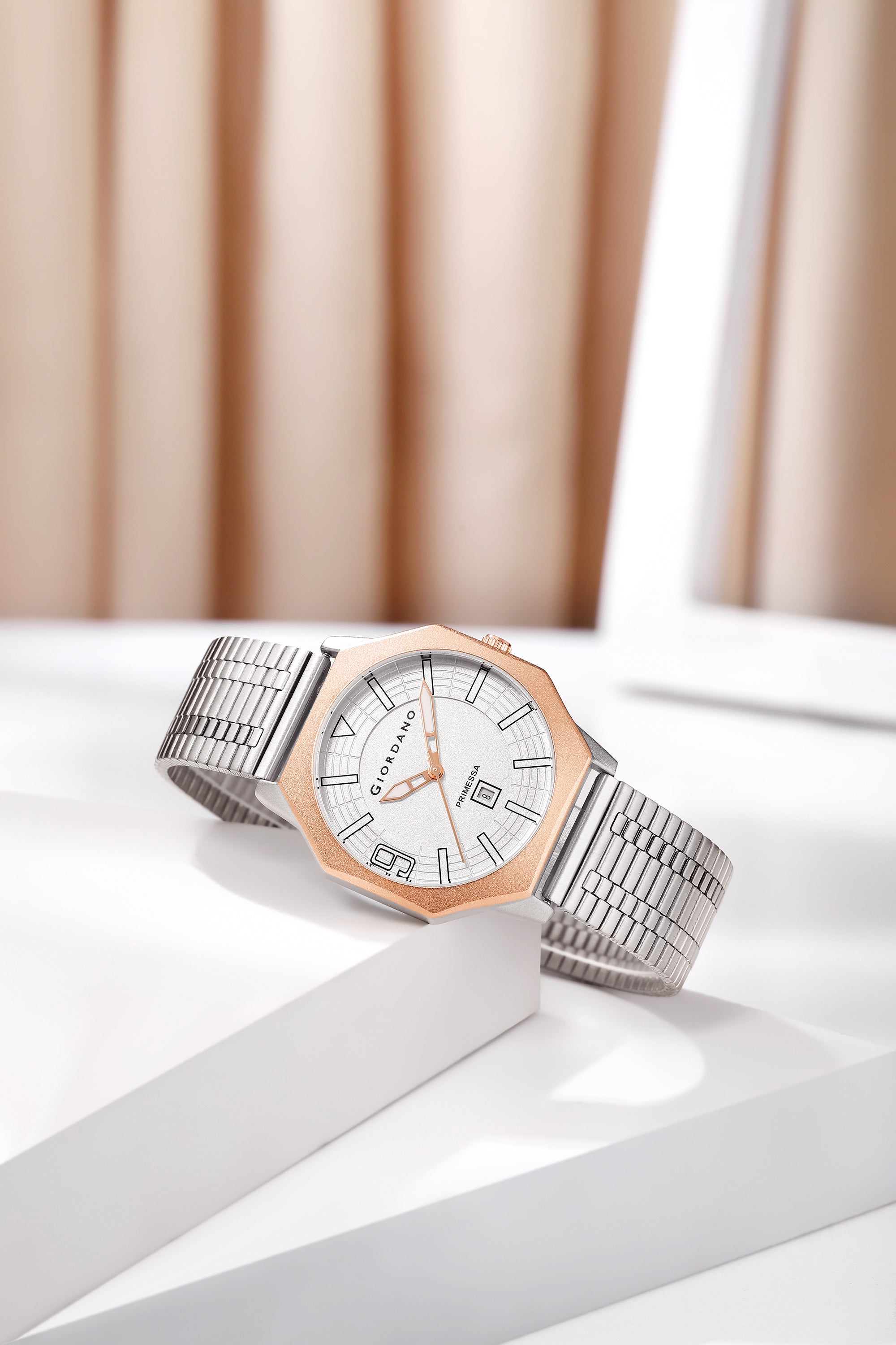 Giordano Primessa Analog Quartz Watch for Women with Textured Round White Dial, Hour Markers, Date Display, Water Resistant and Silver Stainless Steel Strap - GZ-60181-33