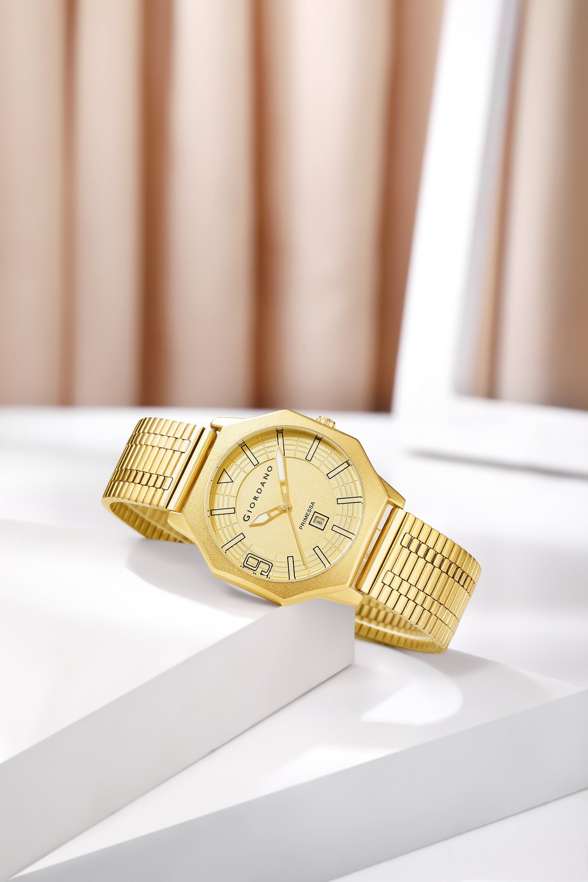 Giordano Primessa Analog Quartz Watch for Women with Textured Round Gold Dial, Hour Markers, Date Display, Water Resistant and Gold Stainless Steel Strap - GZ-60181-11