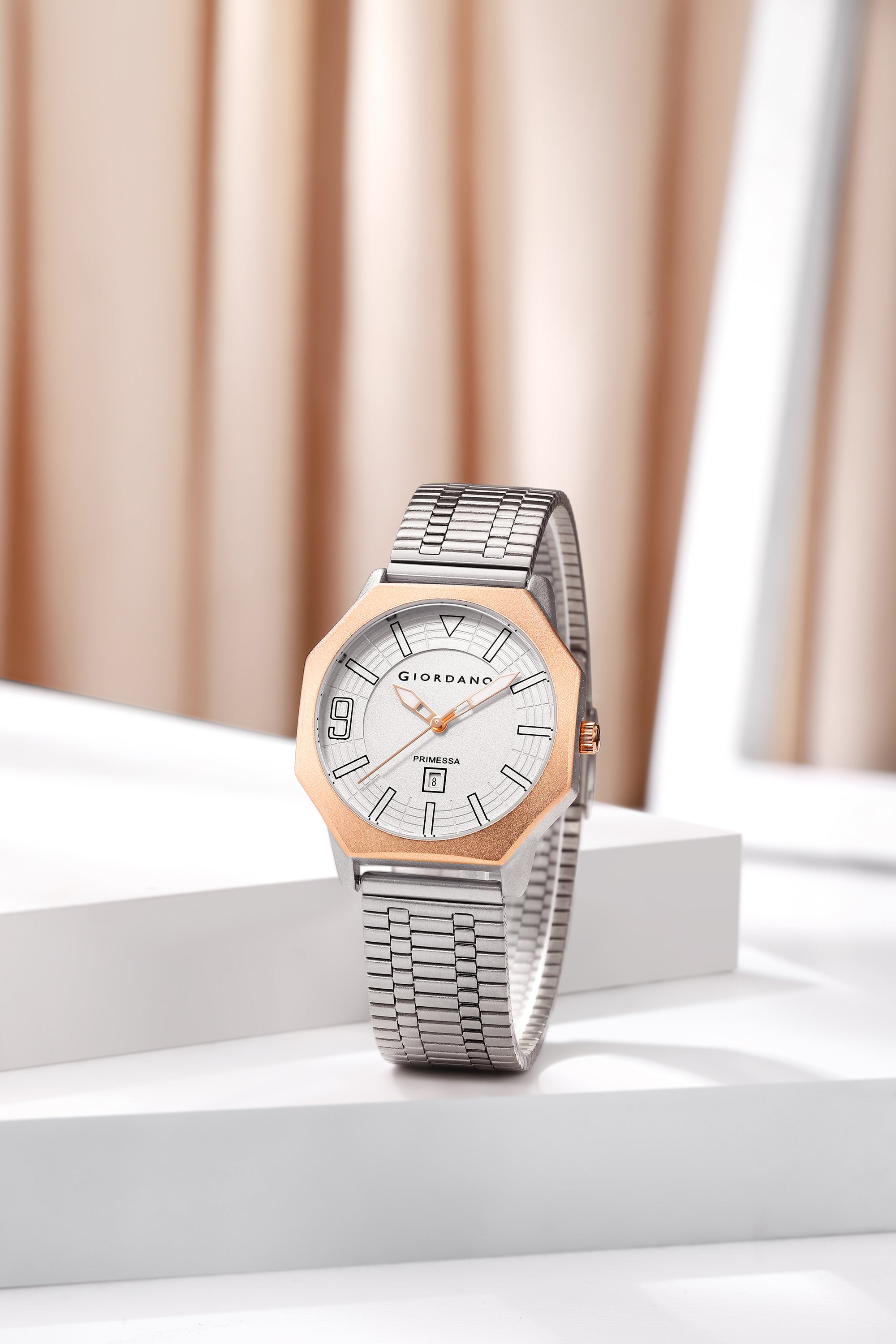 Giordano Primessa Analog Quartz Watch for Women with Textured Round White Dial, Hour Markers, Date Display, Water Resistant and Silver Stainless Steel Strap - GZ-60181-33