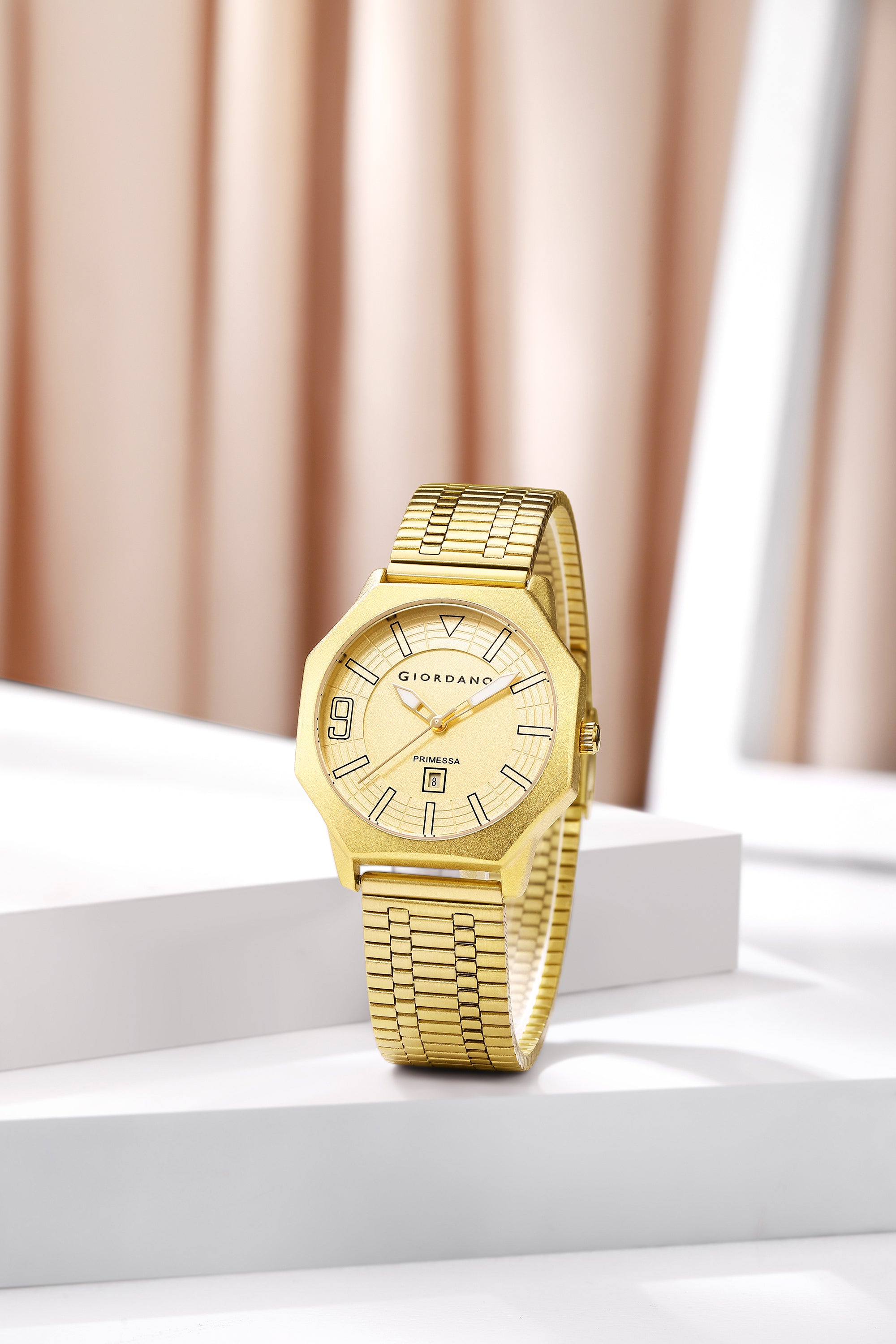 Giordano Primessa Analog Quartz Watch for Women with Textured Round Gold Dial, Hour Markers, Date Display, Water Resistant and Gold Stainless Steel Strap - GZ-60181-11