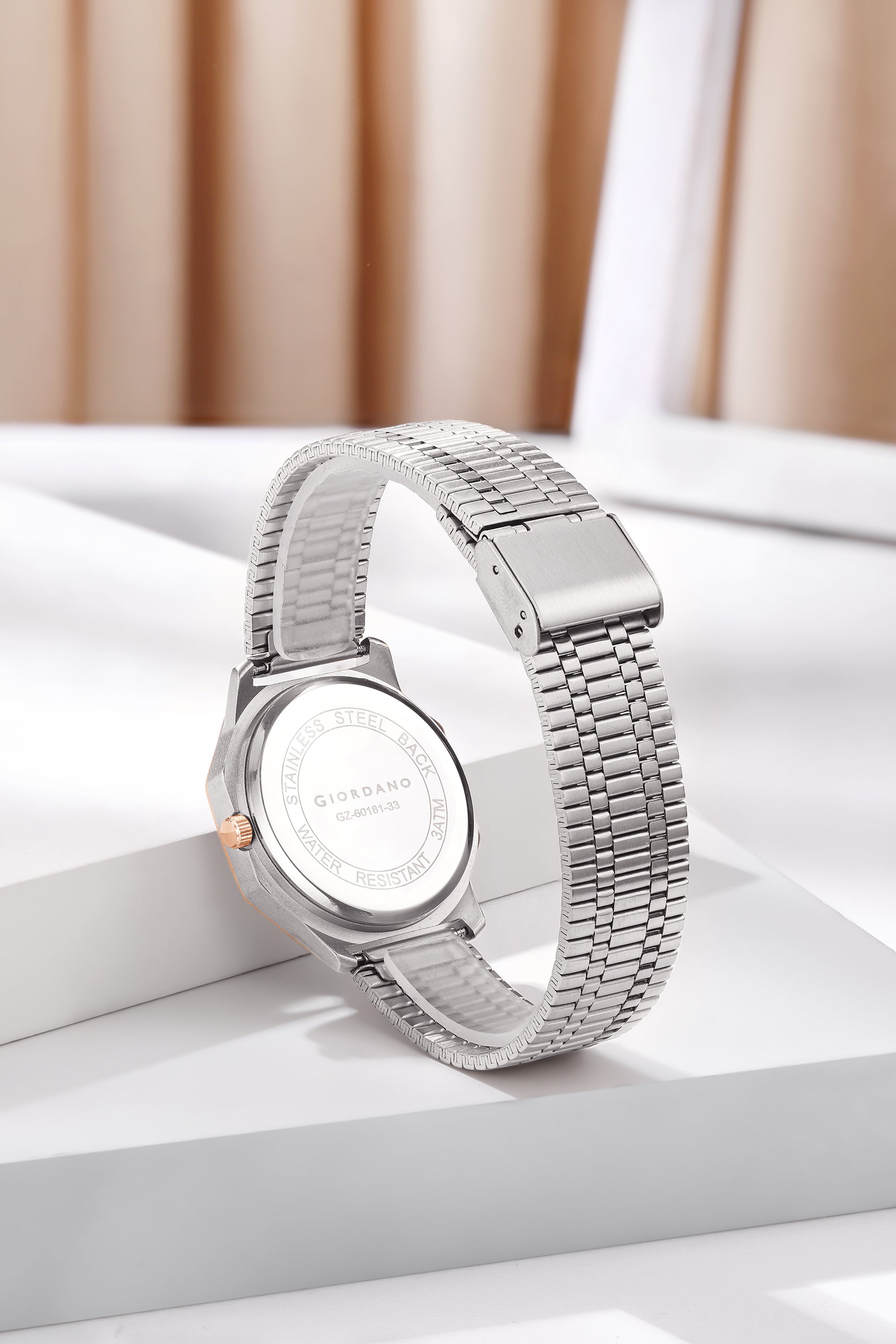 Giordano Primessa Analog Quartz Watch for Women with Textured Round White Dial, Hour Markers, Date Display, Water Resistant and Silver Stainless Steel Strap - GZ-60181-33