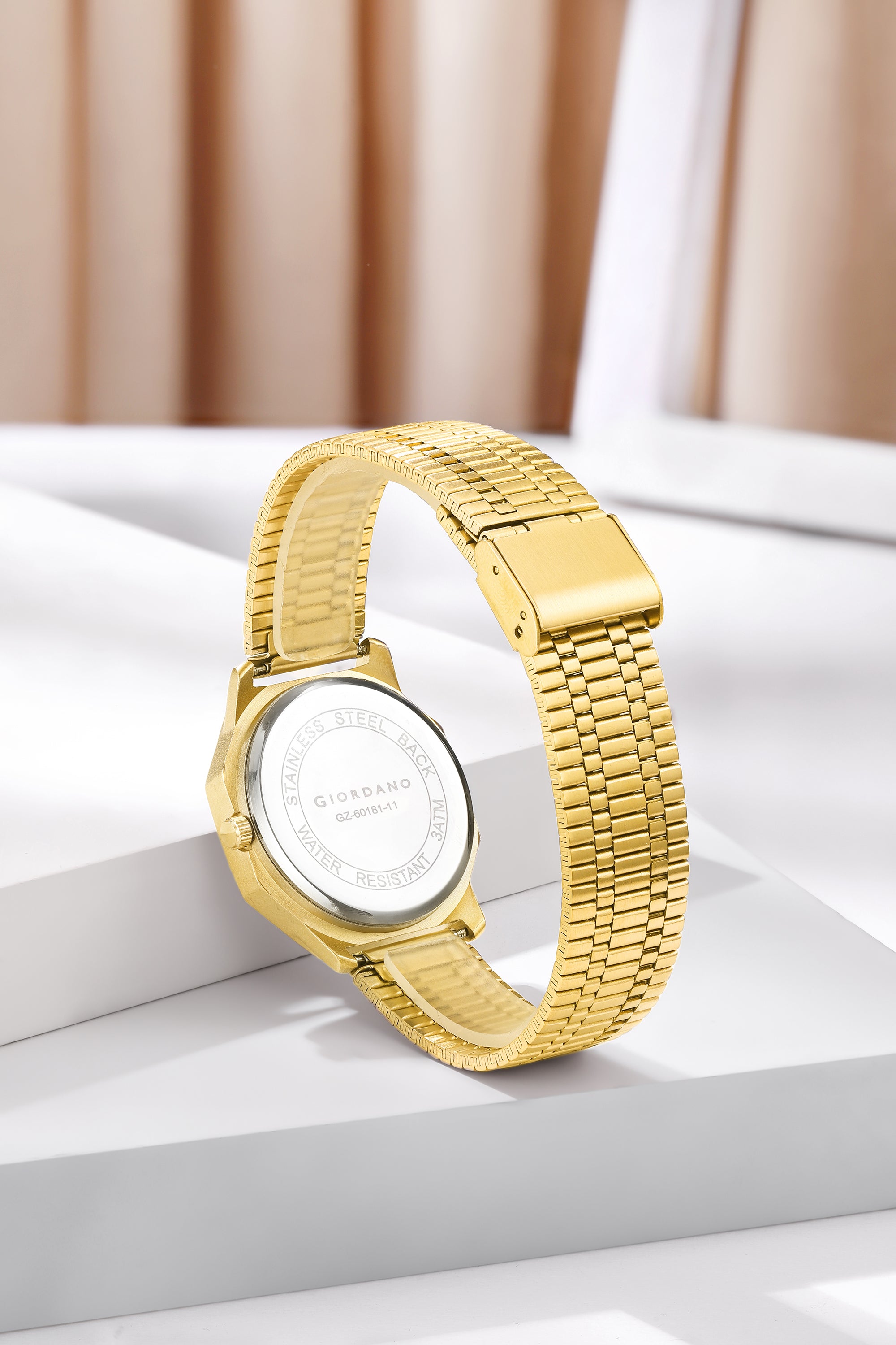 Giordano Primessa Analog Quartz Watch for Women with Textured Round Gold Dial, Hour Markers, Date Display, Water Resistant and Gold Stainless Steel Strap - GZ-60181-11