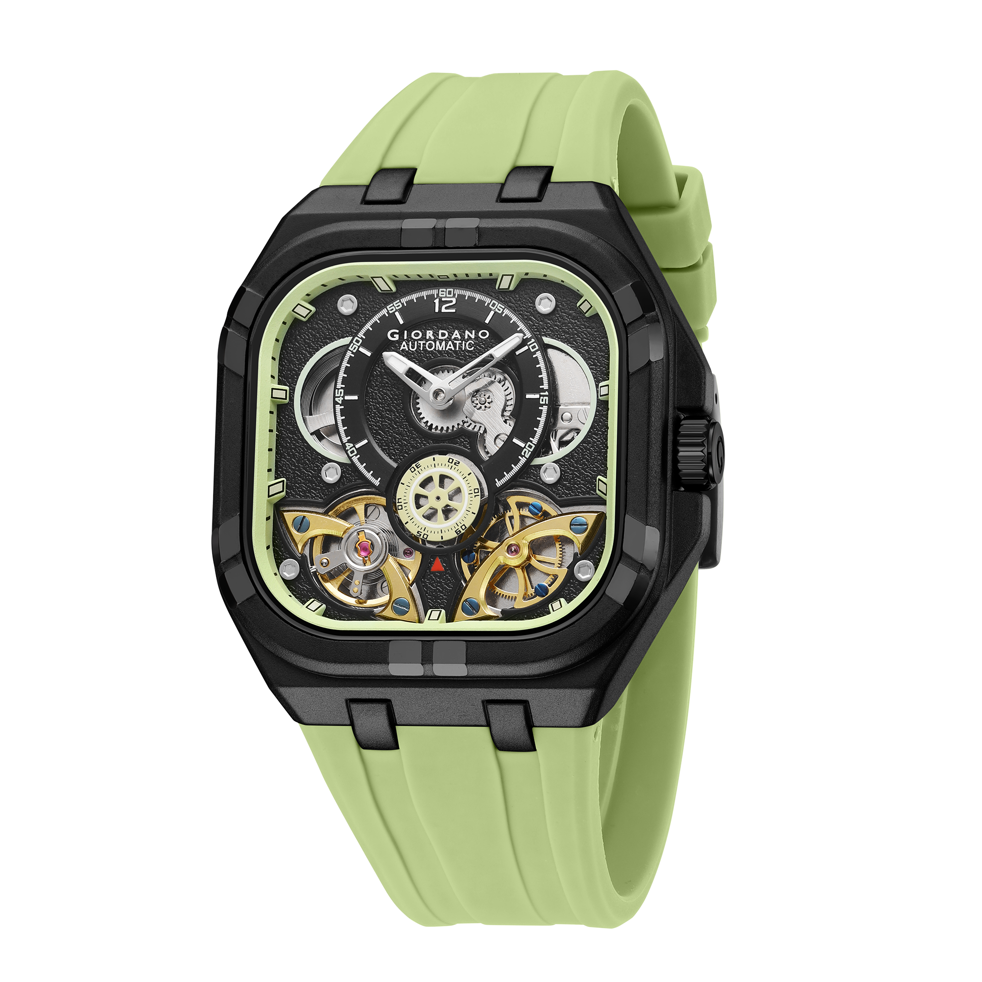 Giordano Automatic Mechanical Skeleton Watch for Men with Black Cushion-Shaped Skeleton Dial, Exposed Dual Balance-Wheel Design, Luminous Hands & Hour Markers and Green Silicone Strap - GZ-50234-02