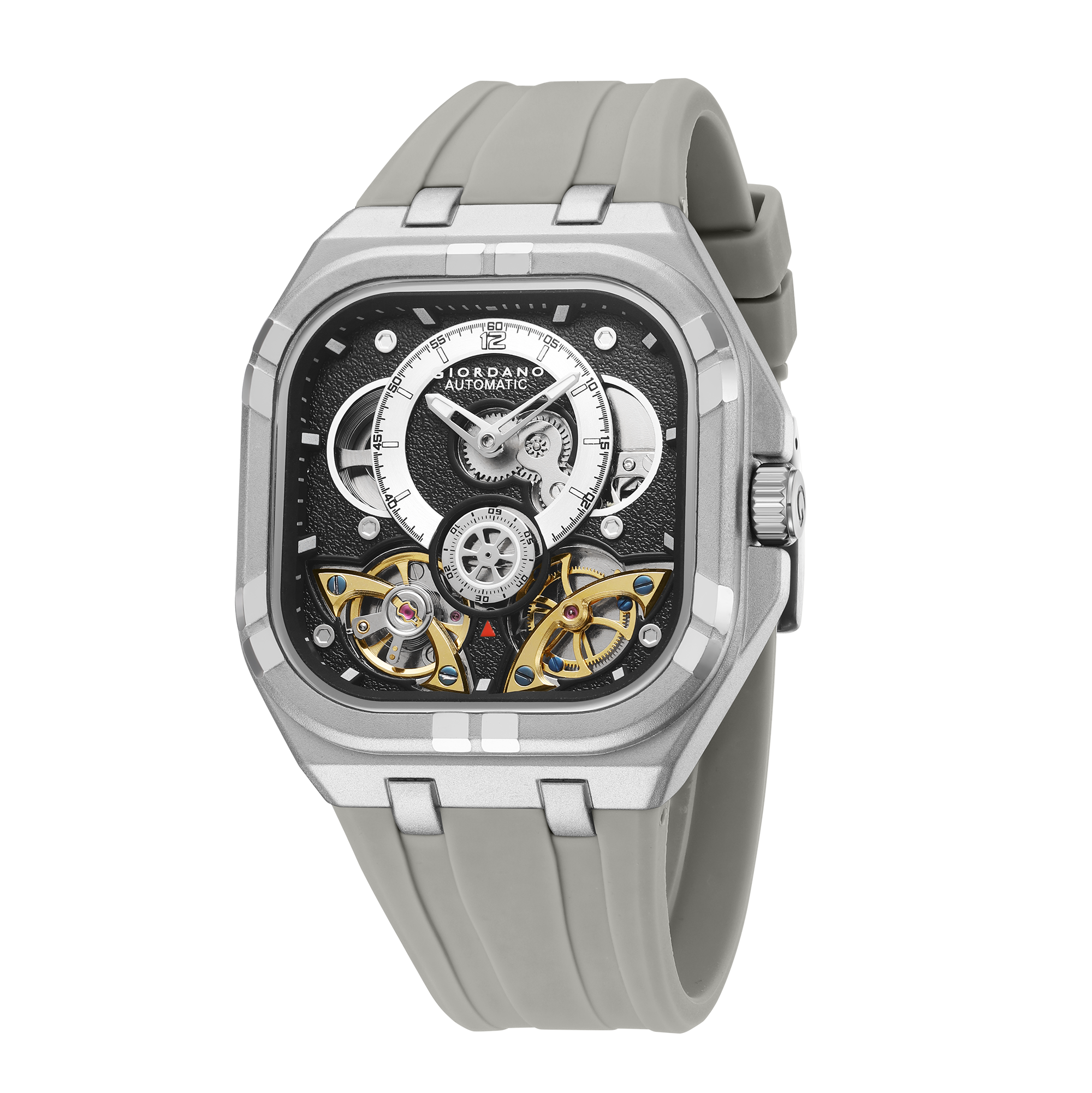 Giordano Automatic Mechanical Skeleton Watch for Men with Black Cushion-Shaped Skeleton Dial, Exposed Dual Balance-Wheel Design, Luminous Hands & Hour Markers and Grey Silicone Strap - GZ-50234-03