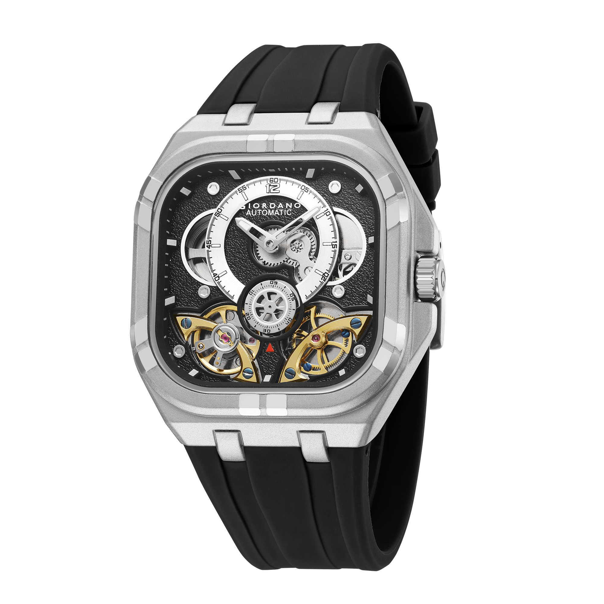 Giordano Automatic Mechanical Skeleton Watch for Men with Black Cushion-Shaped Skeleton Dial, Exposed Dual Balance-Wheel Design, Luminous Hands & Hour Markers and Black Silicone Strap - GZ-50234-01