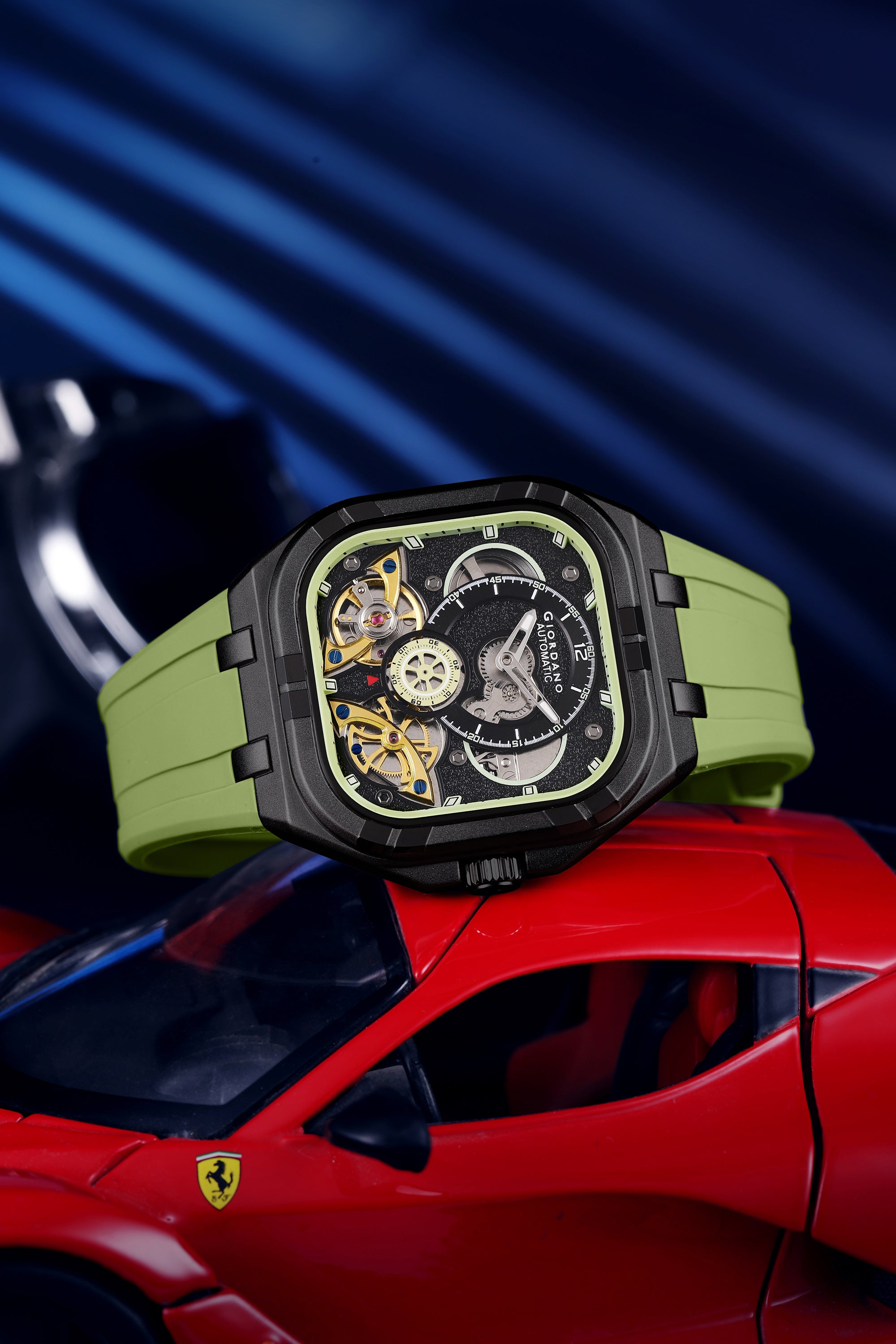 Giordano Automatic Mechanical Skeleton Watch for Men with Black Cushion-Shaped Skeleton Dial, Exposed Dual Balance-Wheel Design, Luminous Hands & Hour Markers and Green Silicone Strap - GZ-50234-02