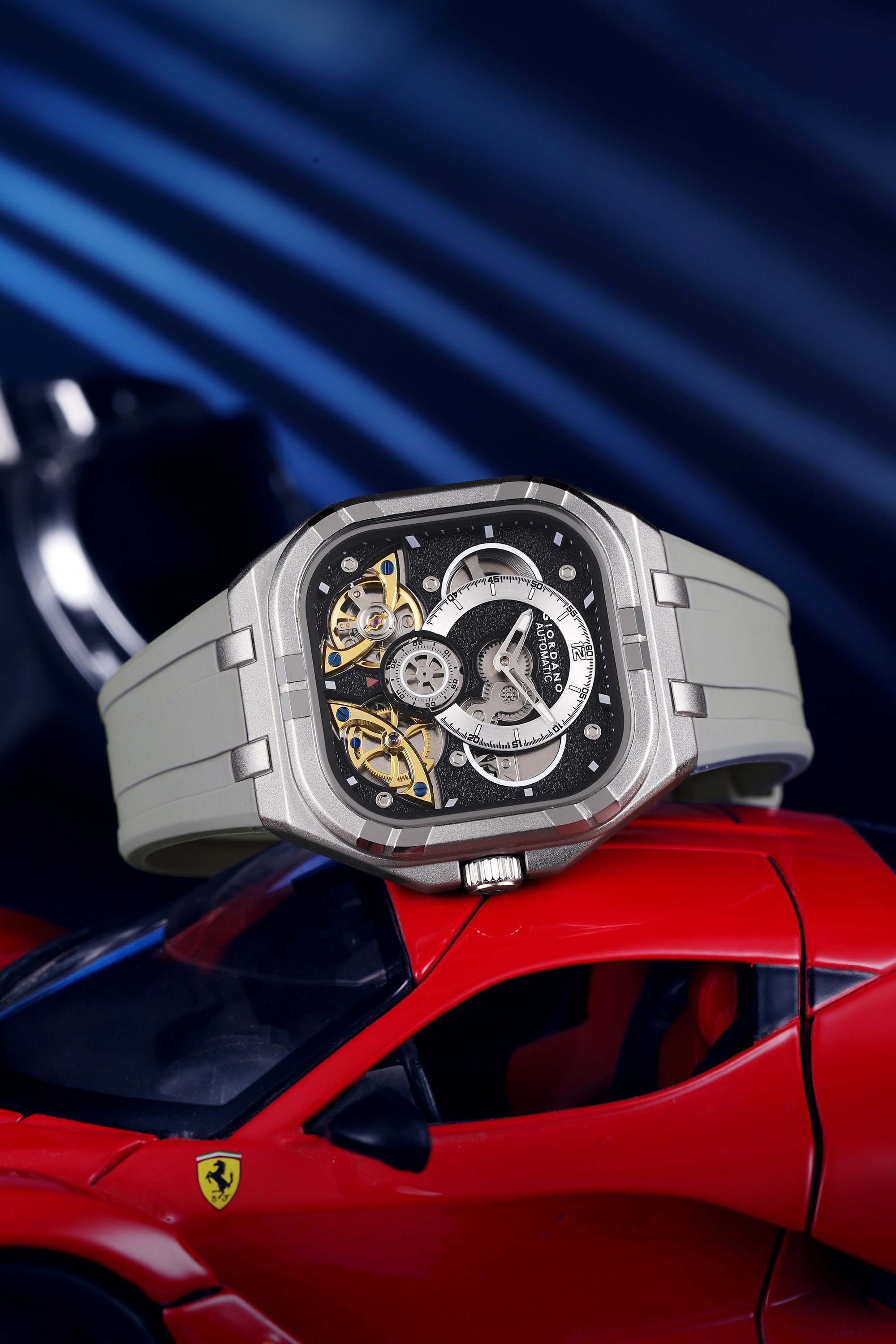 Giordano Automatic Mechanical Skeleton Watch for Men with Black Cushion-Shaped Skeleton Dial, Exposed Dual Balance-Wheel Design, Luminous Hands & Hour Markers and Grey Silicone Strap - GZ-50234-03