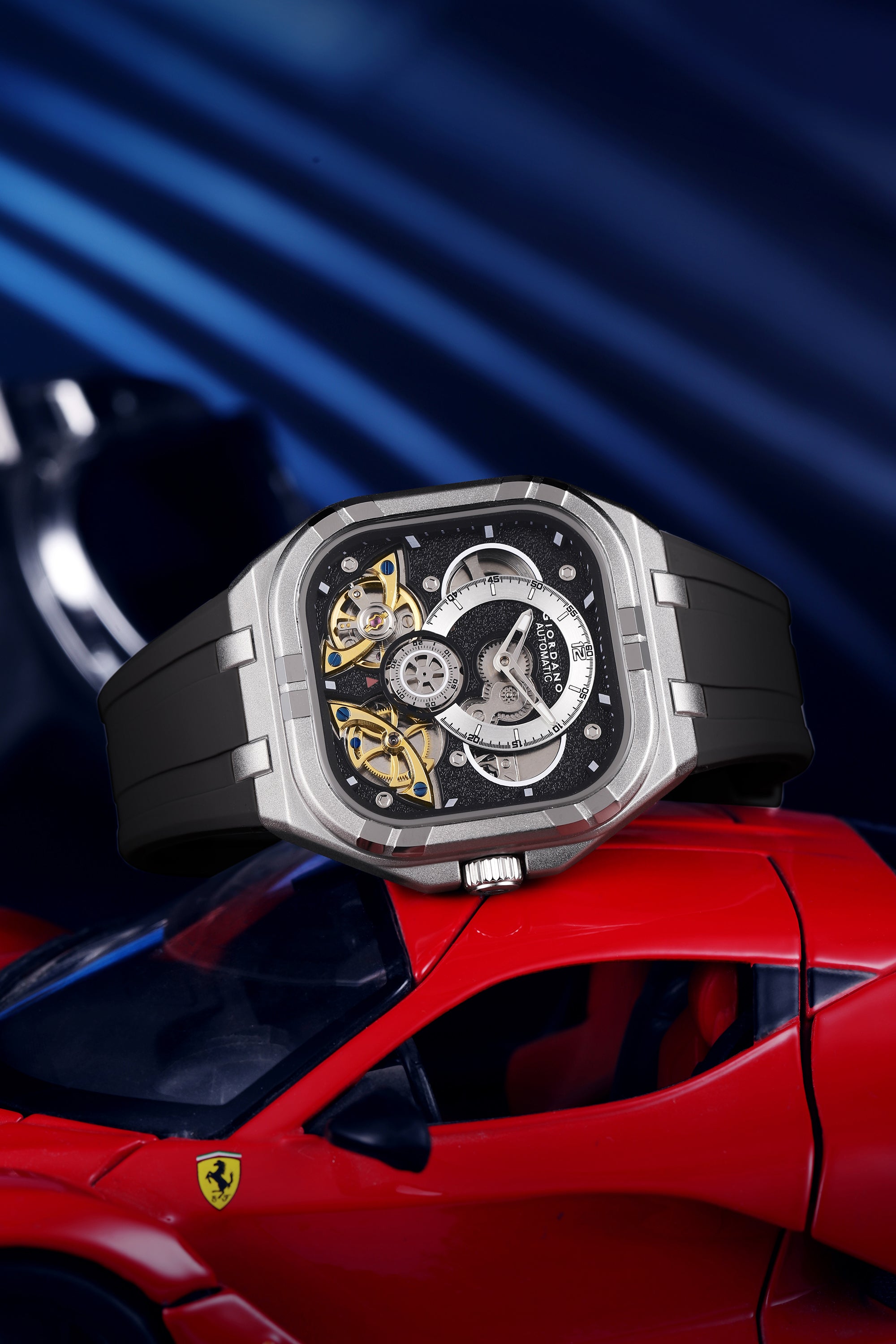 Giordano Automatic Mechanical Skeleton Watch for Men with Black Cushion-Shaped Skeleton Dial, Exposed Dual Balance-Wheel Design, Luminous Hands & Hour Markers and Black Silicone Strap - GZ-50234-01