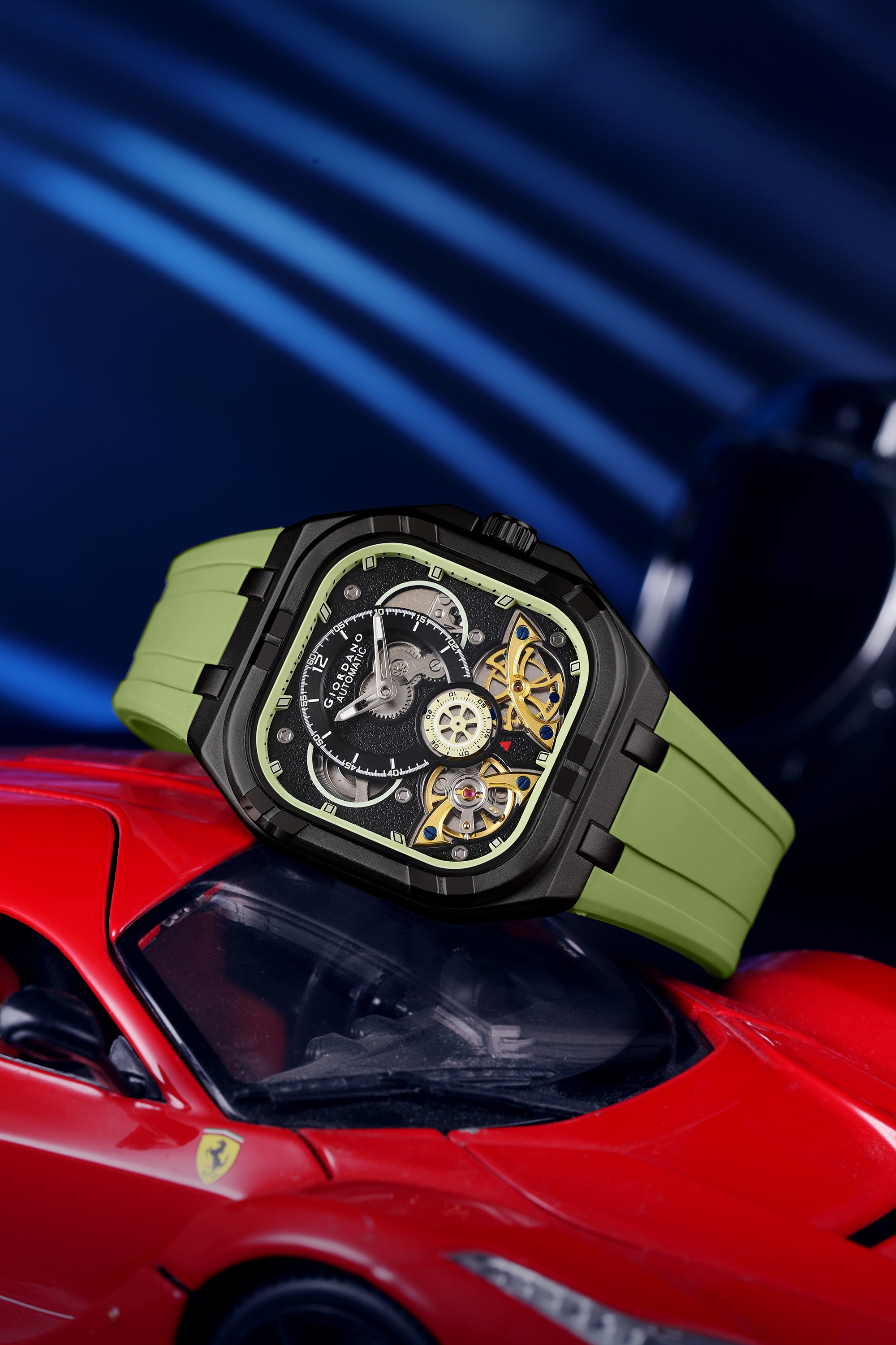 Giordano Automatic Mechanical Skeleton Watch for Men with Black Cushion-Shaped Skeleton Dial, Exposed Dual Balance-Wheel Design, Luminous Hands & Hour Markers and Green Silicone Strap - GZ-50234-02