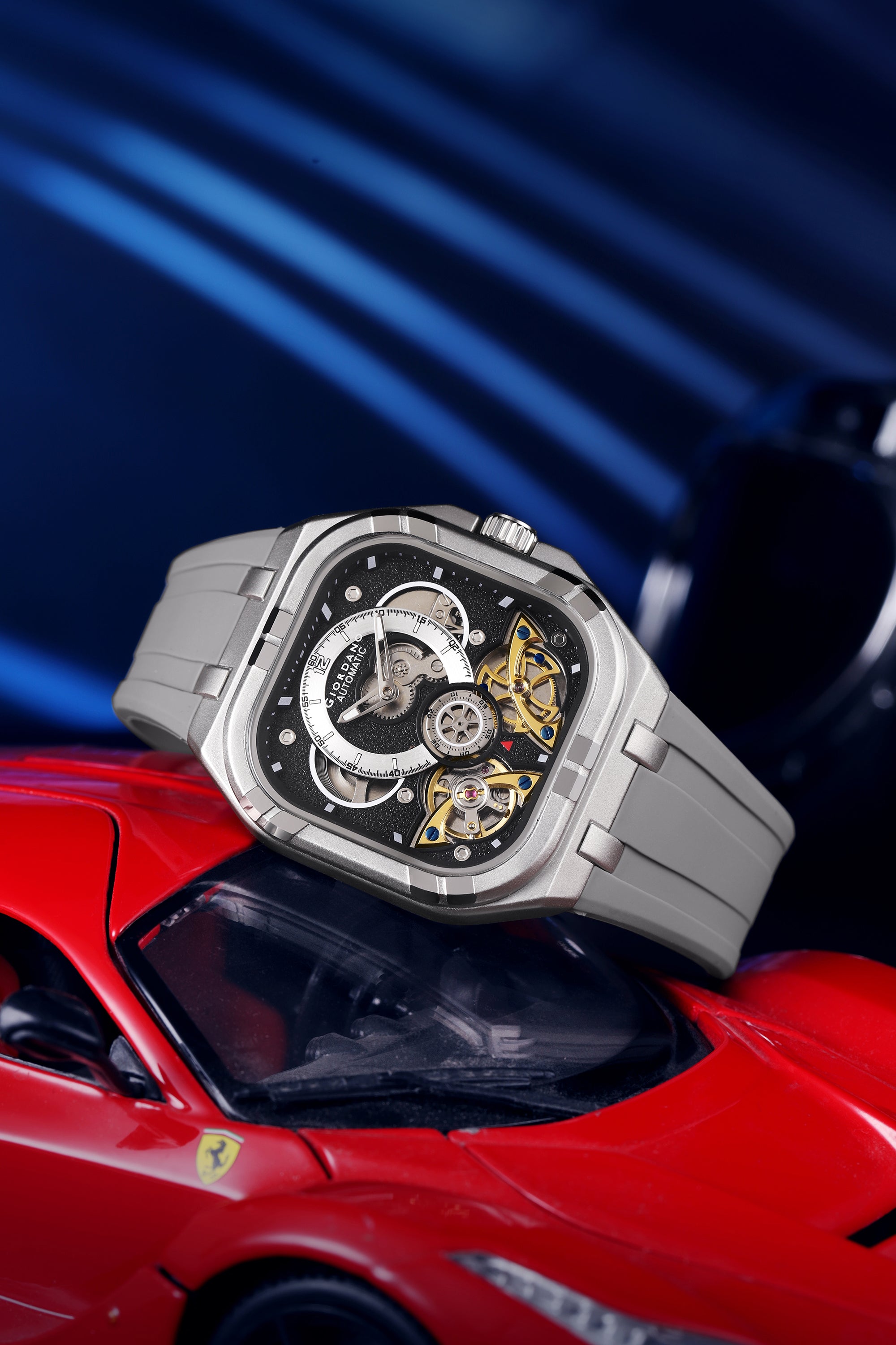 Giordano Automatic Mechanical Skeleton Watch for Men with Black Cushion-Shaped Skeleton Dial, Exposed Dual Balance-Wheel Design, Luminous Hands & Hour Markers and Grey Silicone Strap - GZ-50234-03