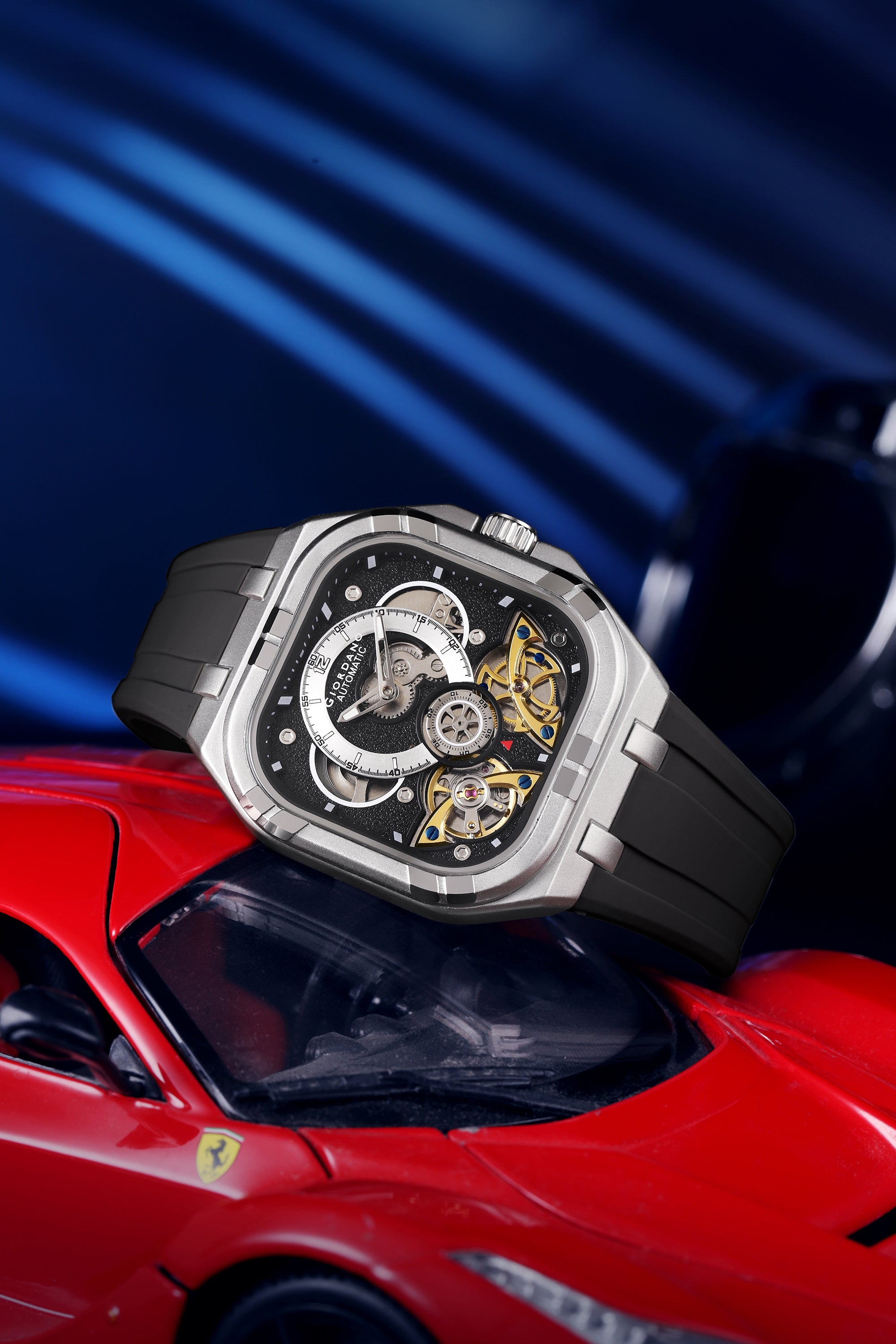 Giordano Automatic Mechanical Skeleton Watch for Men with Black Cushion-Shaped Skeleton Dial, Exposed Dual Balance-Wheel Design, Luminous Hands & Hour Markers and Black Silicone Strap - GZ-50234-01