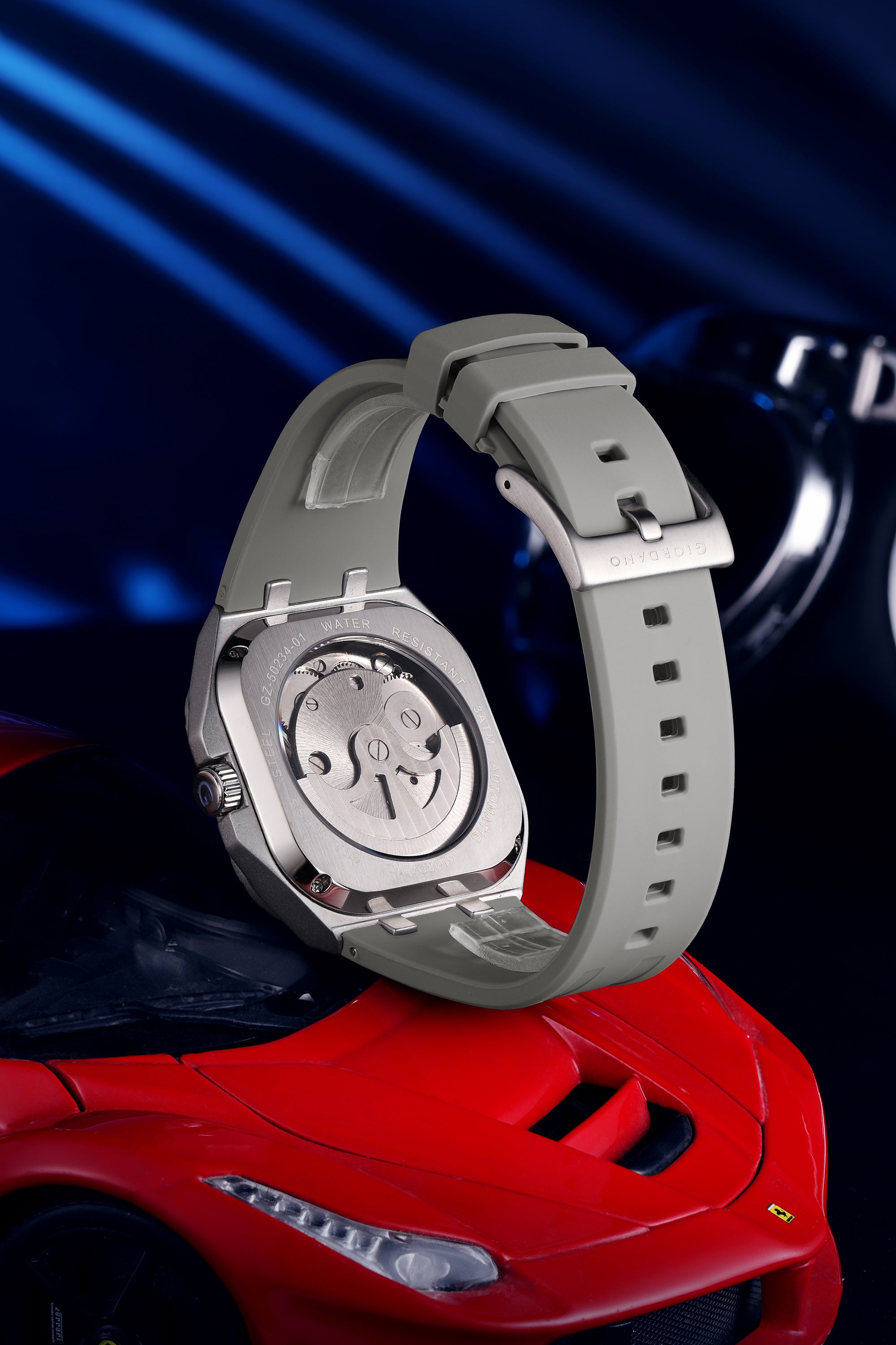 Giordano Automatic Mechanical Skeleton Watch for Men with Black Cushion-Shaped Skeleton Dial, Exposed Dual Balance-Wheel Design, Luminous Hands & Hour Markers and Grey Silicone Strap - GZ-50234-03