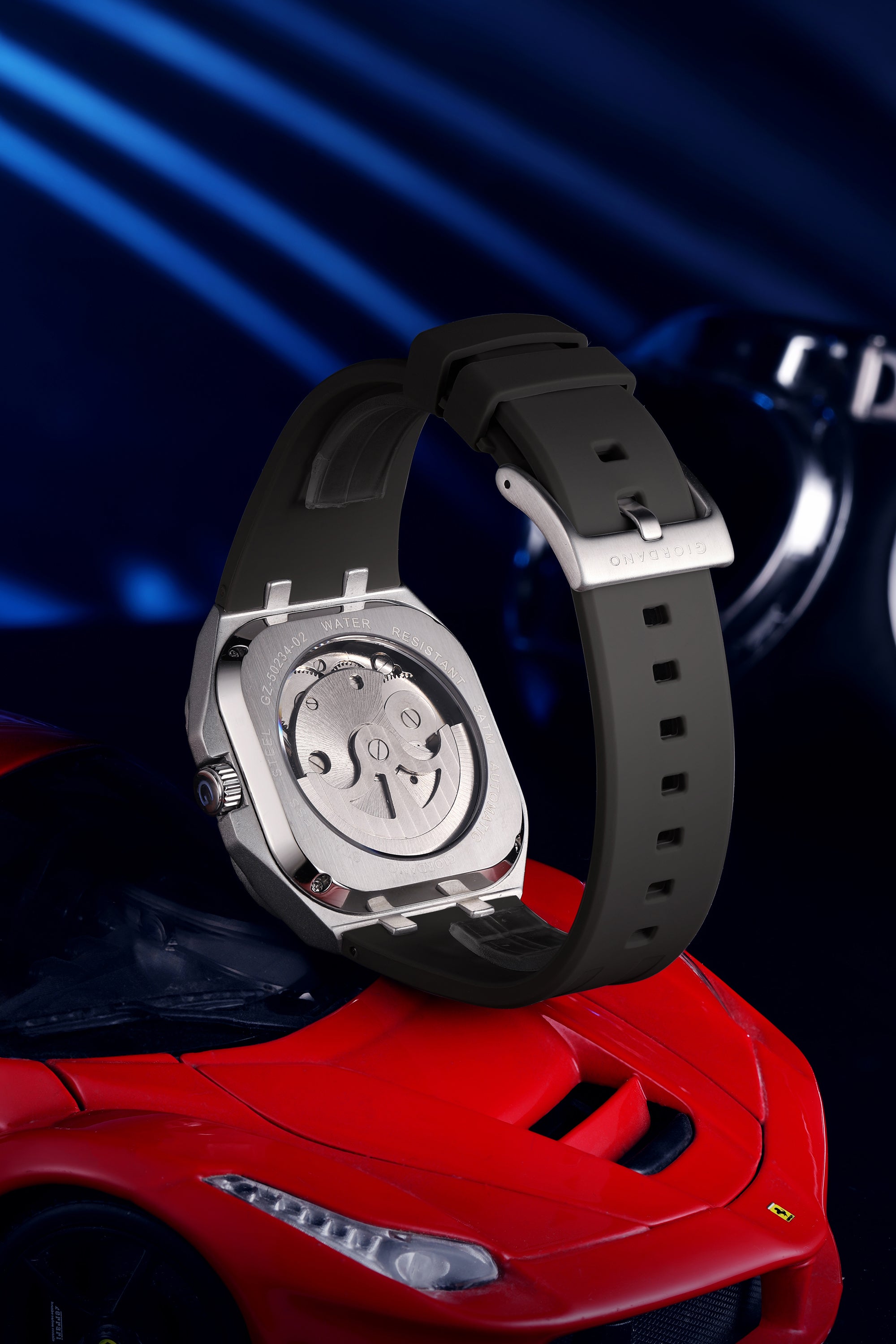 Giordano Automatic Mechanical Skeleton Watch for Men with Black Cushion-Shaped Skeleton Dial, Exposed Dual Balance-Wheel Design, Luminous Hands & Hour Markers and Black Silicone Strap - GZ-50234-01