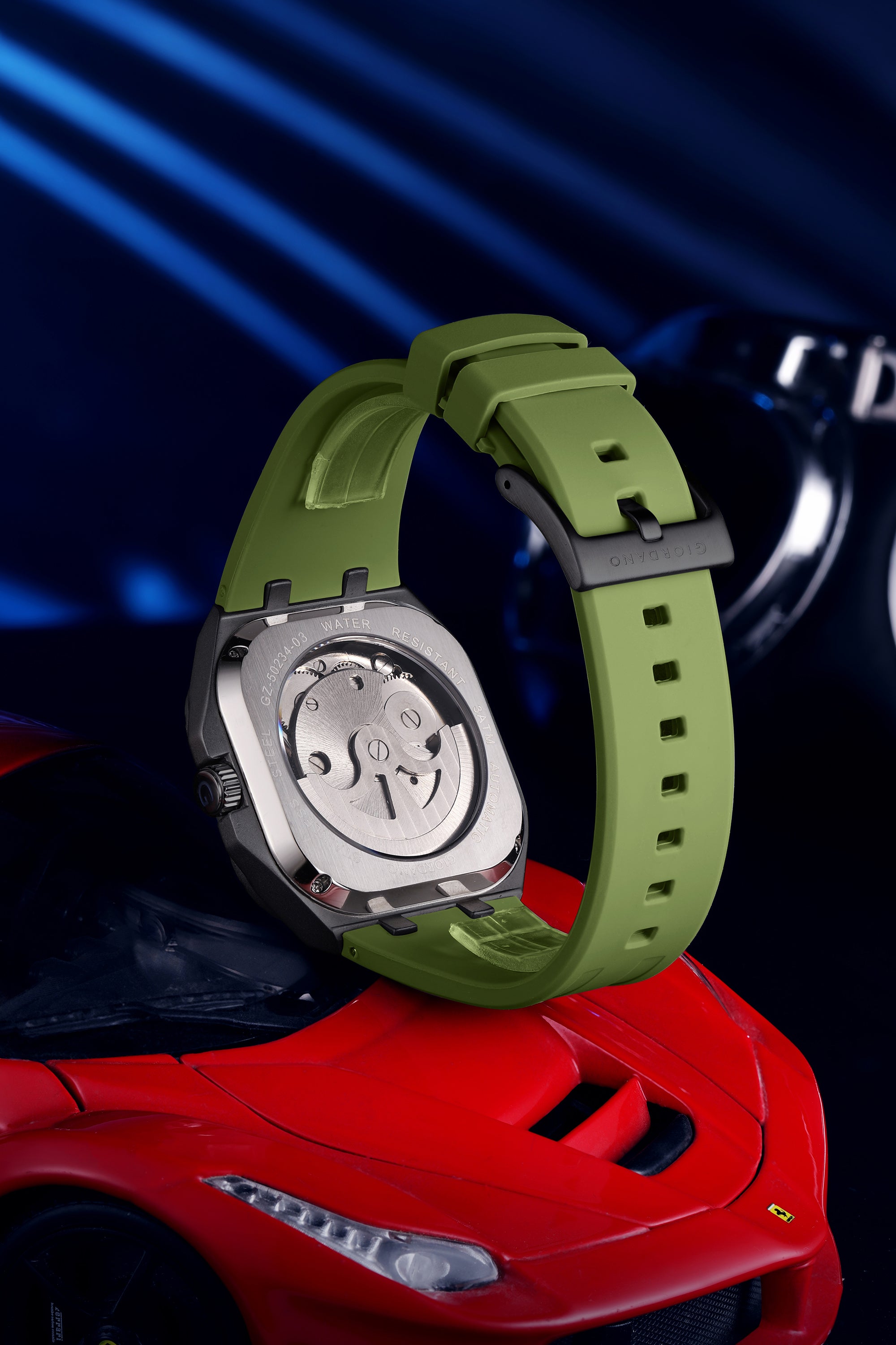 Giordano Automatic Mechanical Skeleton Watch for Men with Black Cushion-Shaped Skeleton Dial, Exposed Dual Balance-Wheel Design, Luminous Hands & Hour Markers and Green Silicone Strap - GZ-50234-02