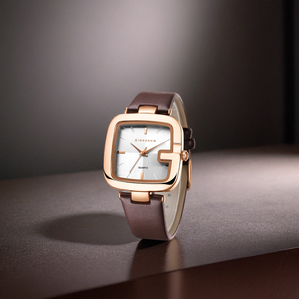 Giordano Square Dial Watch for women with leather strap and Premium Quartz moevment-GZ-60089-02