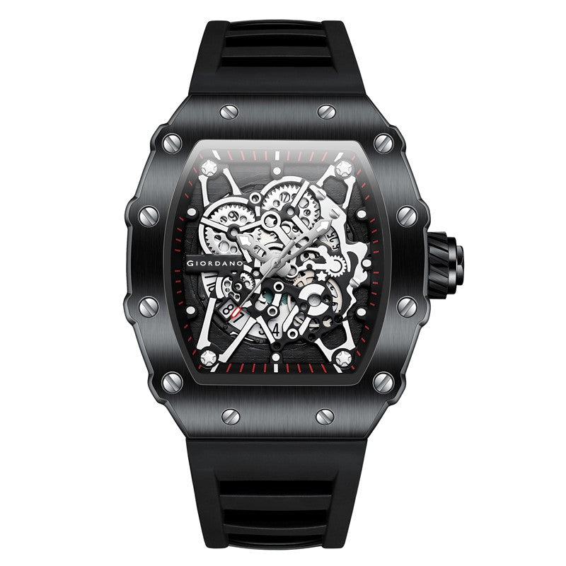 Giordano Analog Watch for Men - Skeleton-Style Dial | Brushed Steel Case with Silicone Strap | GZ-50127-01