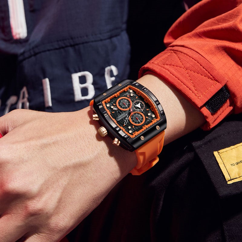 पुरुषों के लिए जियोर्डानो ऑरेंज स्क्वायर डायल मल्टीफ़ंक्शनल वॉच आकर्षक डिज़ाइन, वॉटरप्रूफ, डेट डिस्प्ले और सिलिकॉन स्ट्रैप GZ-50123-02 के साथ