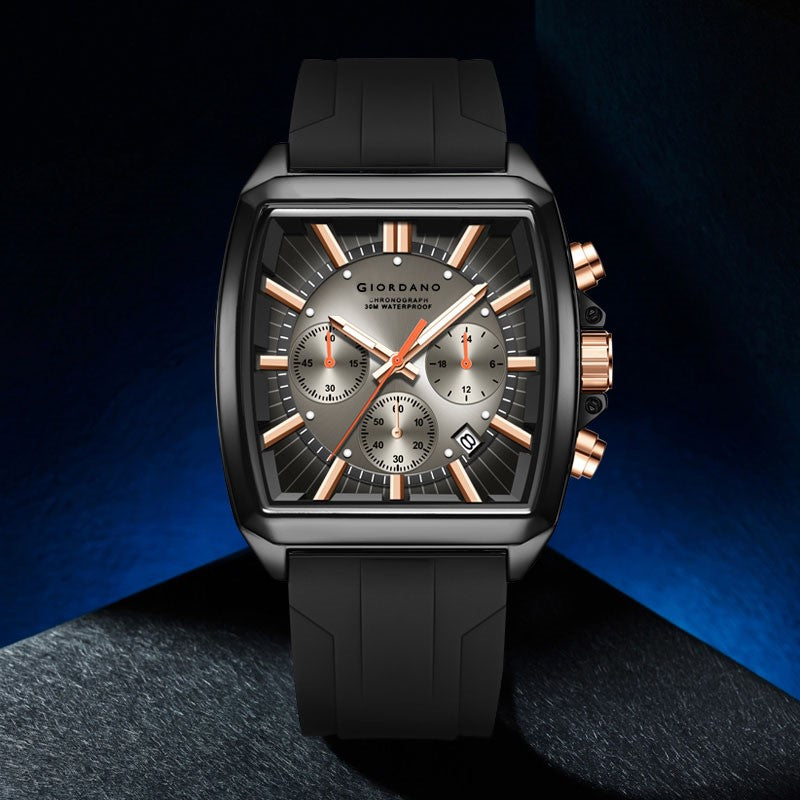 Giordano Black Modern Square Face Chronograph Watch for Men with Rose Gold Accents,Silicon Strap & Date Display GZ-50124-01
