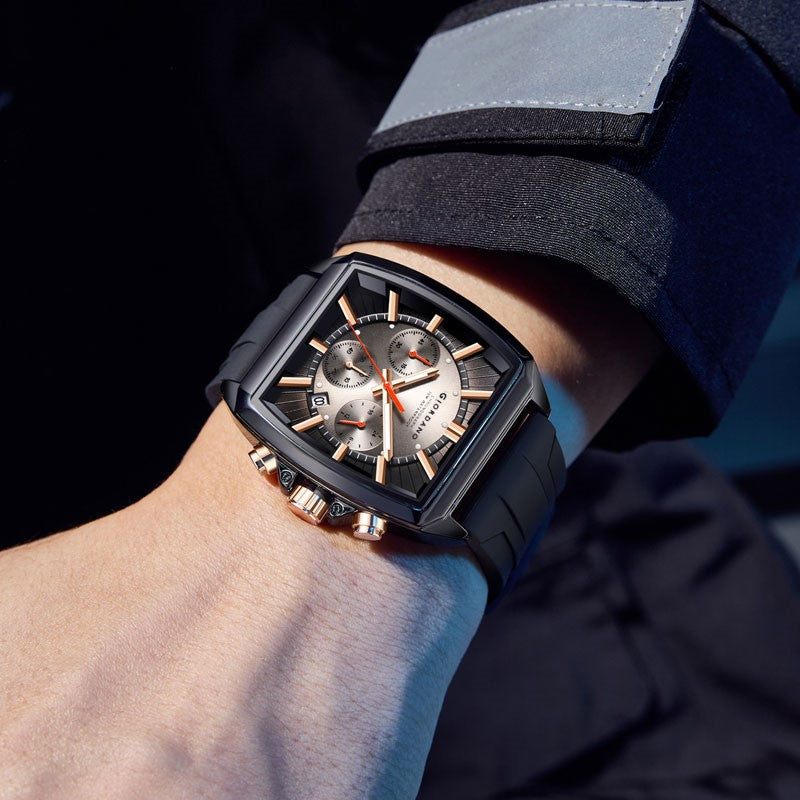 Giordano Black Modern Square Face Chronograph Watch for Men with Rose Gold Accents,Silicon Strap & Date Display GZ-50124-01
