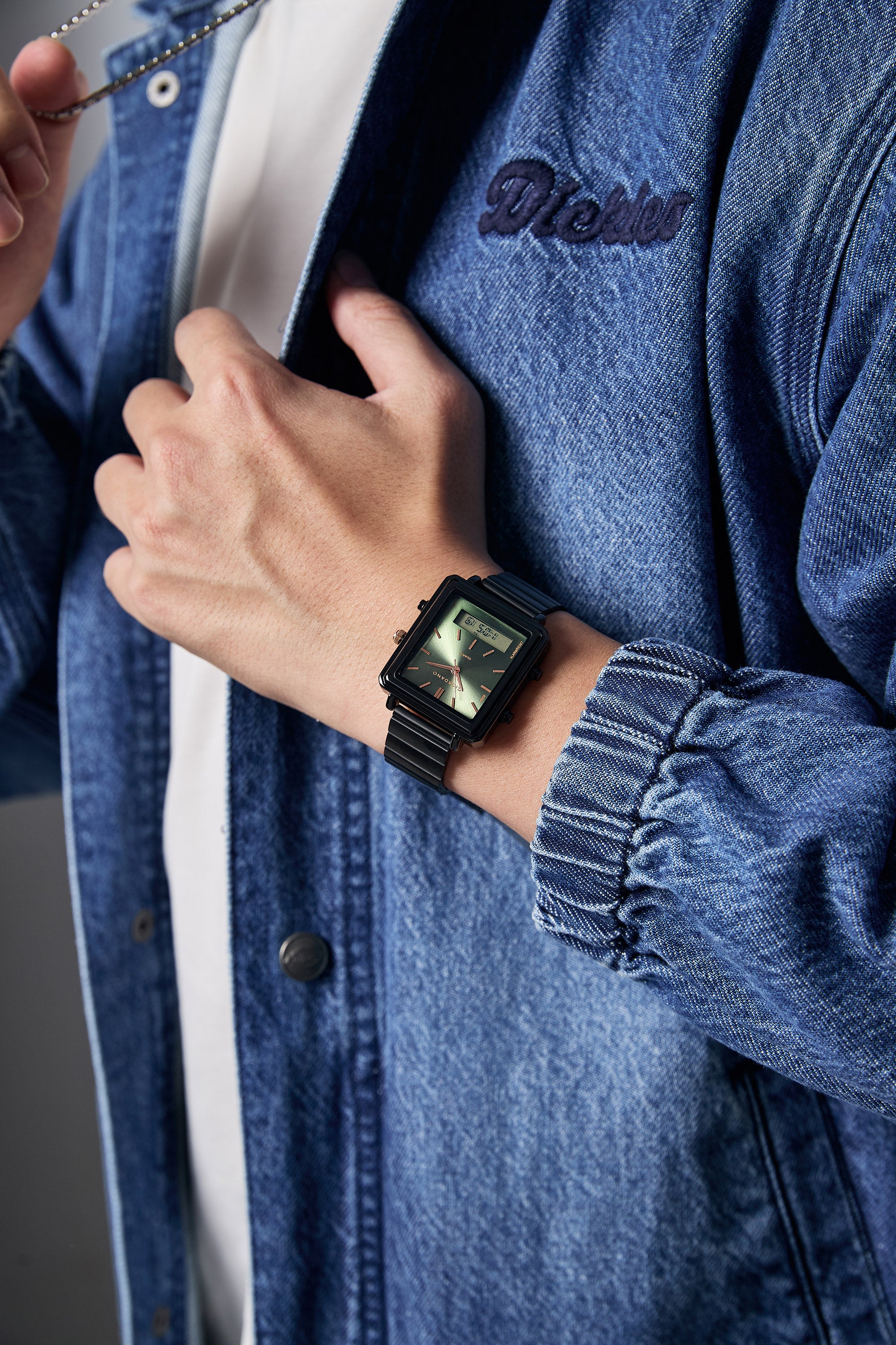 Giordano Analog Digital Watch for Men with Square Green Dial, Dual Time Display, Black Stainless Steel Strap - GZ-50210-55