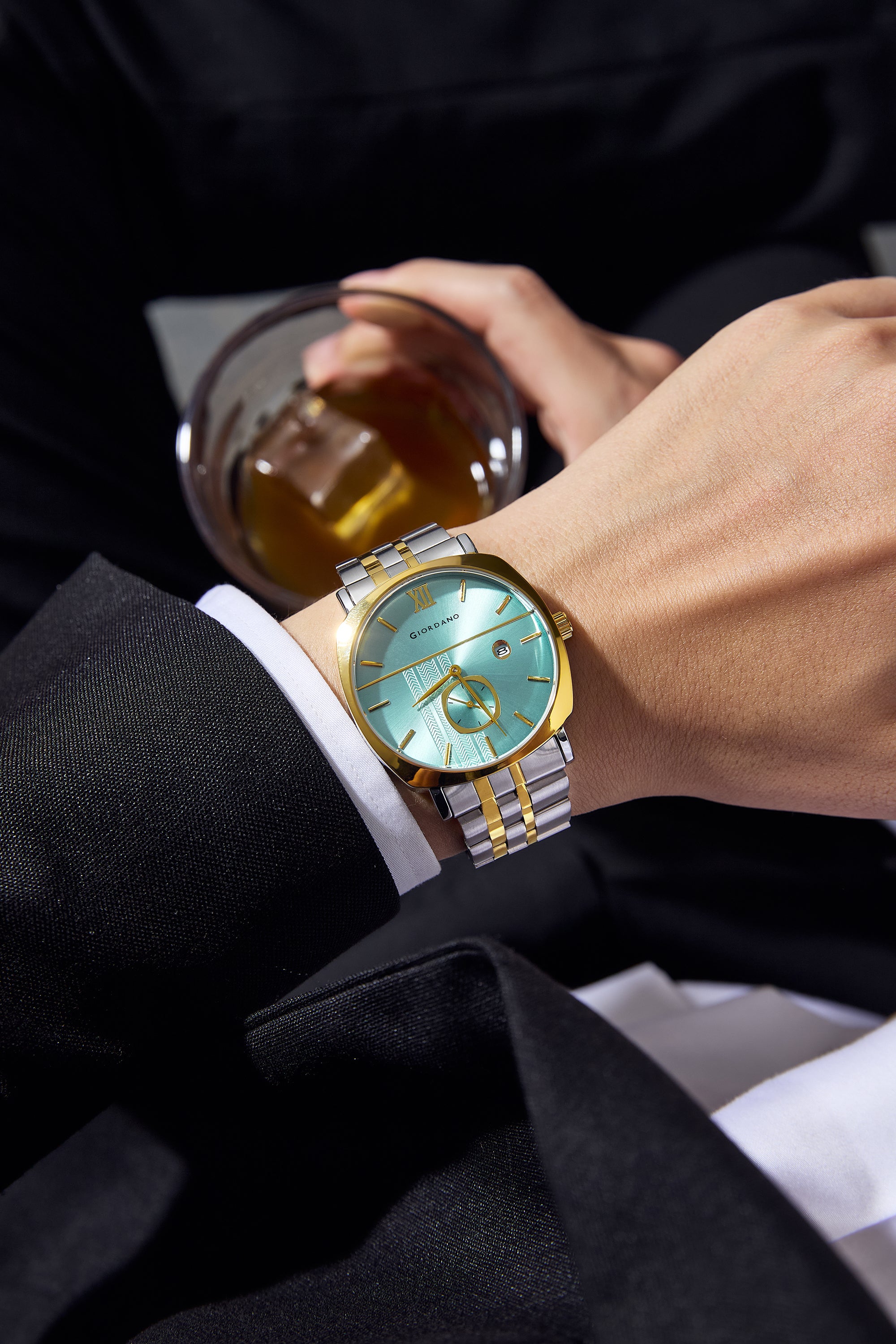 Giordano Analog Quartz Watch for Men with Turquoise Sunray Patterned Dial, Roman XII & Baton Hour Markers, Small Seconds Sub-Dial, Date Display and Two-Tone Stainless Steel Strap - GZ-50192-33