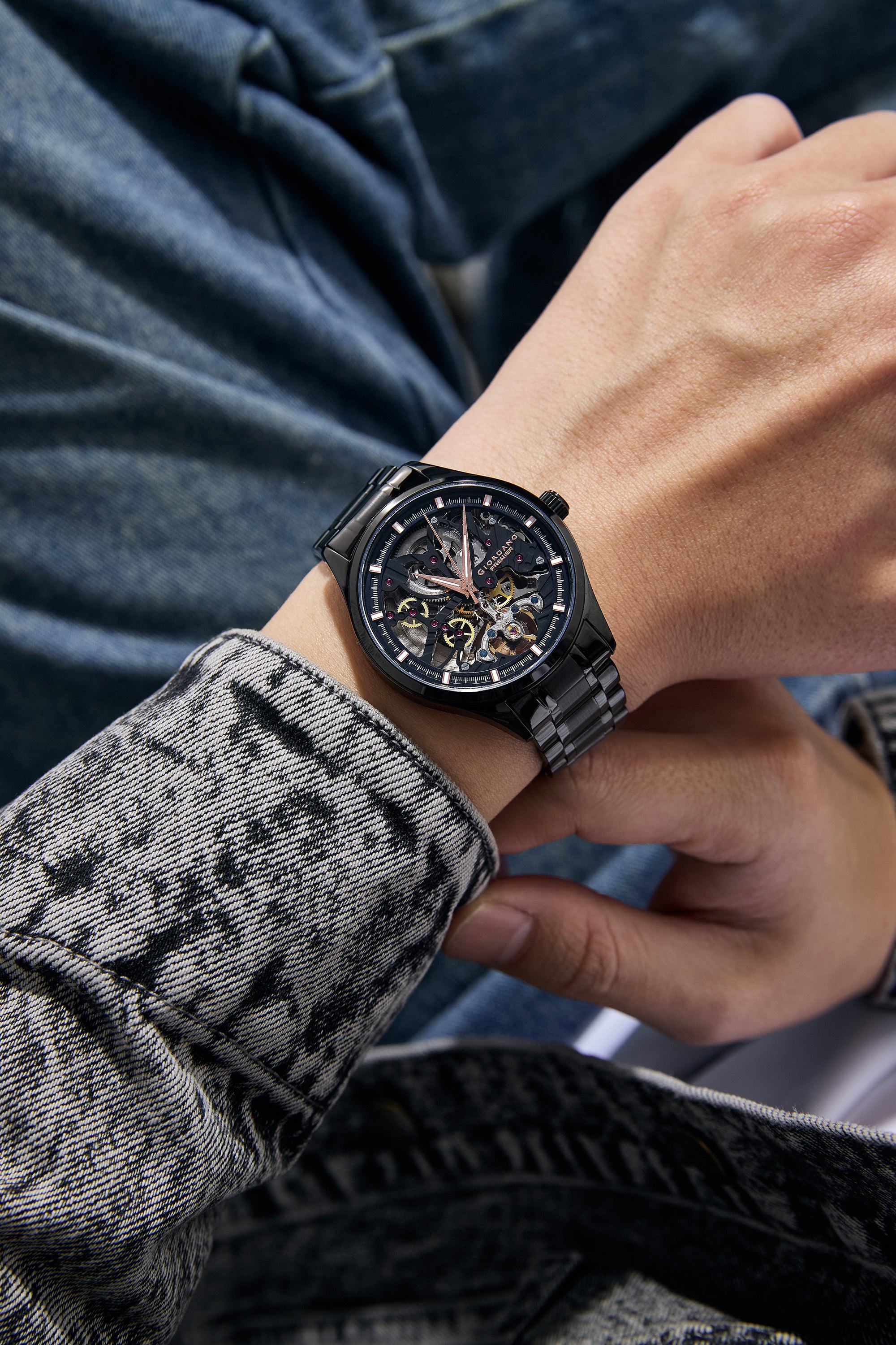 Giordano Automatic Watch for Men with Skeleton Round Black Dial, Luminous Hands and Markers, Black Stainless Steel Strap - GZ-50225-11