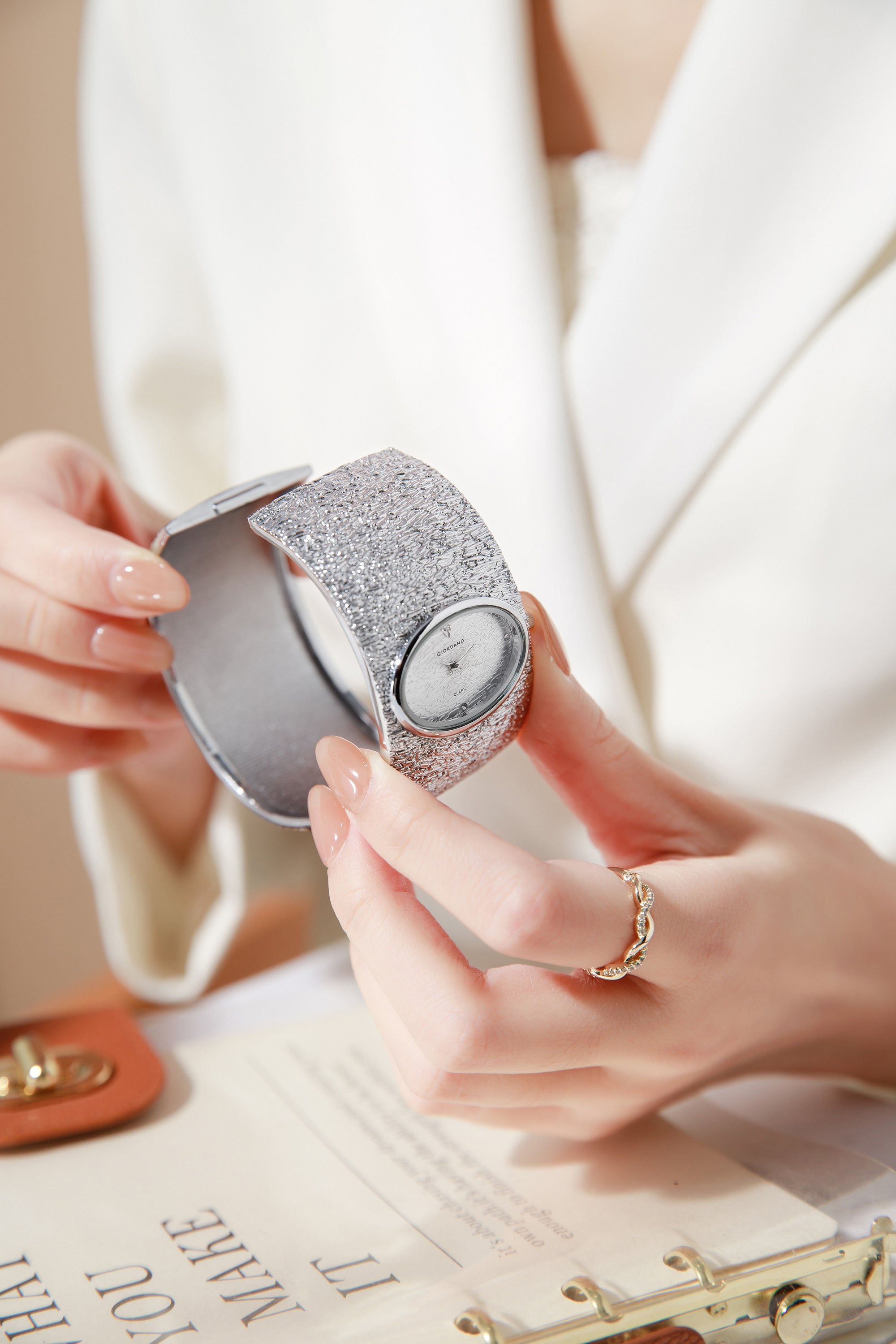 Giordano Analog Quartz Watch for Women with Oval Silver Textured Dial, Crystal Hour Markers, Stainless Steel Bangle Strap - GZ-60171-11