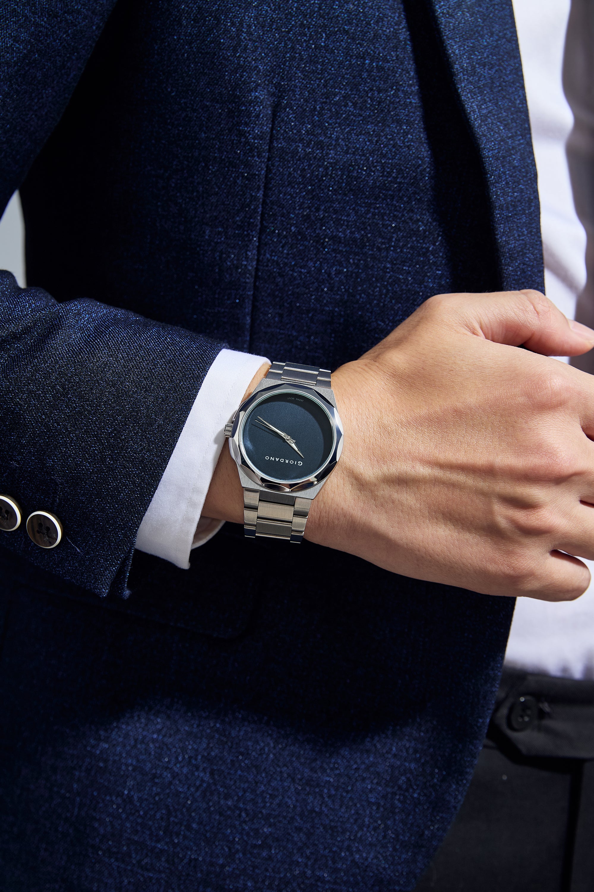 Giordano Classic Formal Analog Quartz Watch for Men with Blue Sunray Round Dial, Minimalist Markerless Design, Luminous Hands, Quartz Movement and Silver Stainless Steel Strap - GZ-50189-22