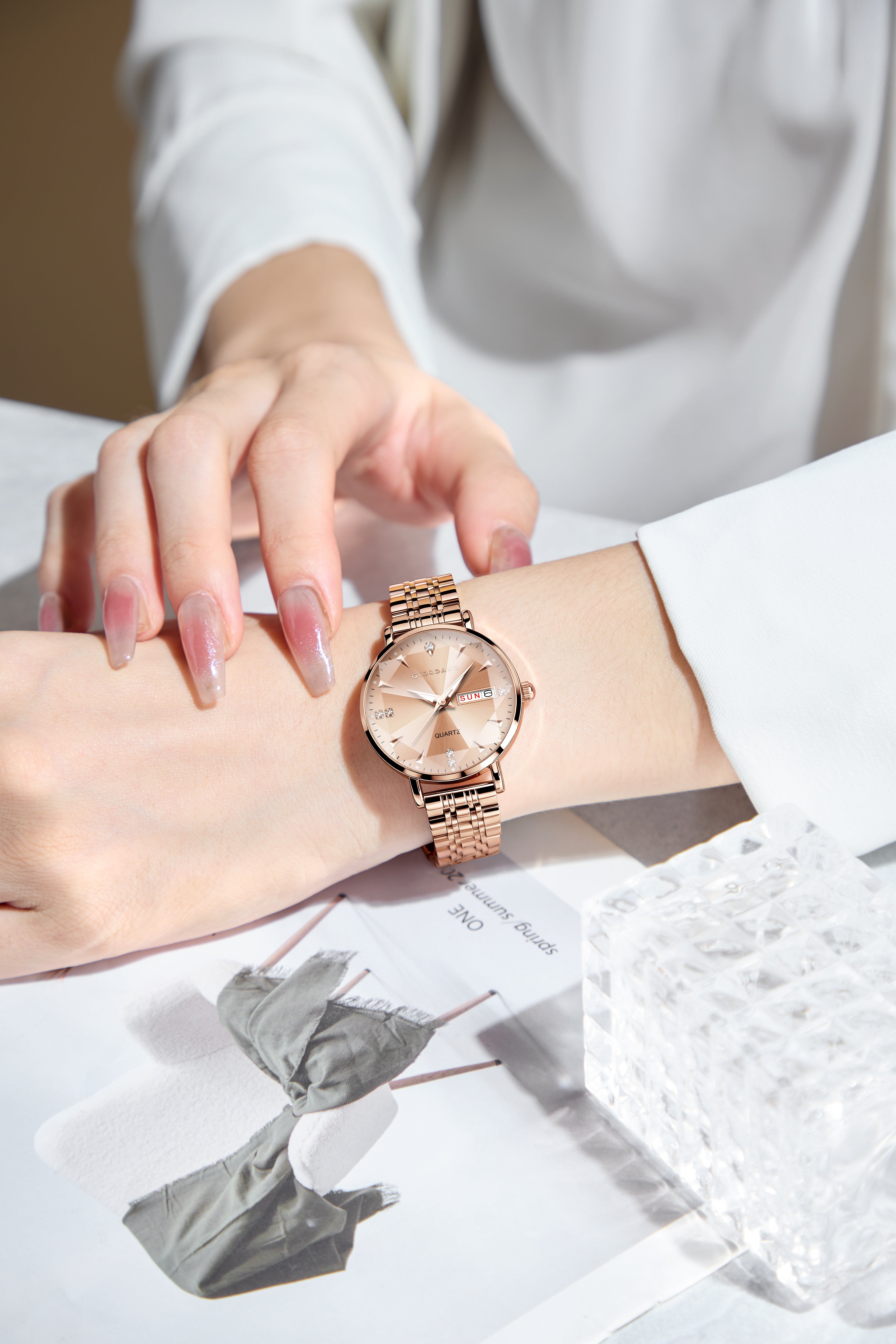 Giordano Rose Gold Analog Watch for Women with Luminous Hands & Markers, Day & Date Display and Stainless Steel Strap - GZ-60139-22
