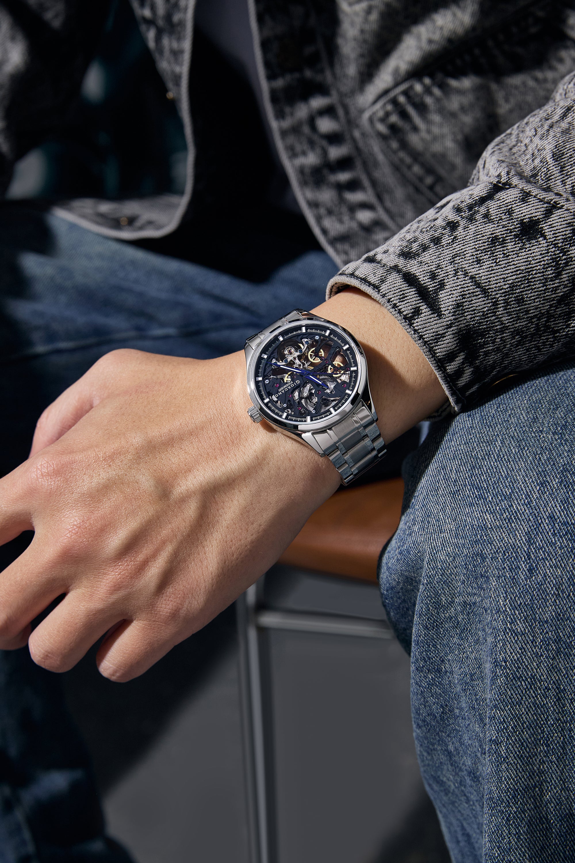 Giordano Automatic Watch for Men with Skeleton Round Black Dial, Luminous Hands and Markers, Silver Stainless Steel Strap - GZ-50225-22