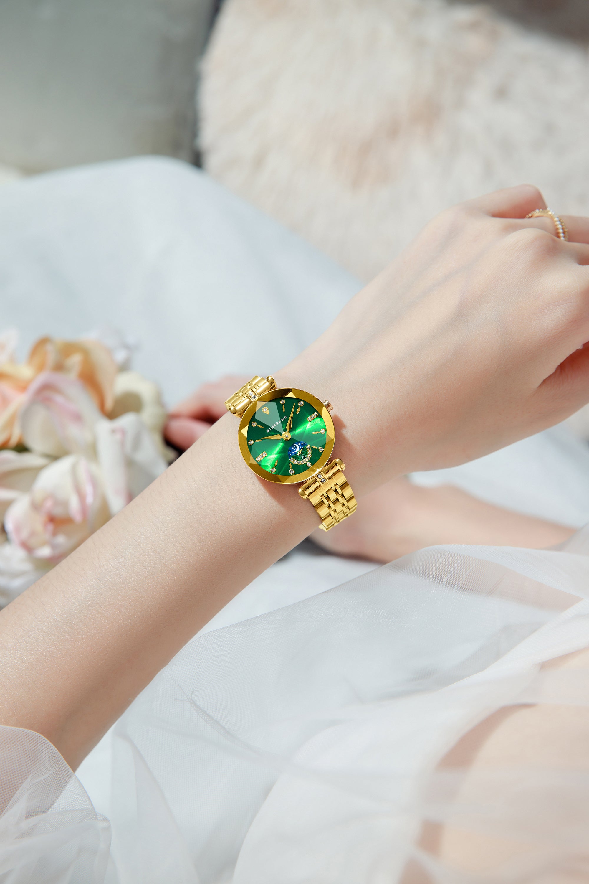 Giordano Analog Quartz Watch for Women with Green Round Sunray Dial, Moonphase Display, Diamond Studded Hour Markers and Gold Stainless Steel Bracelet - GZ-60094-44