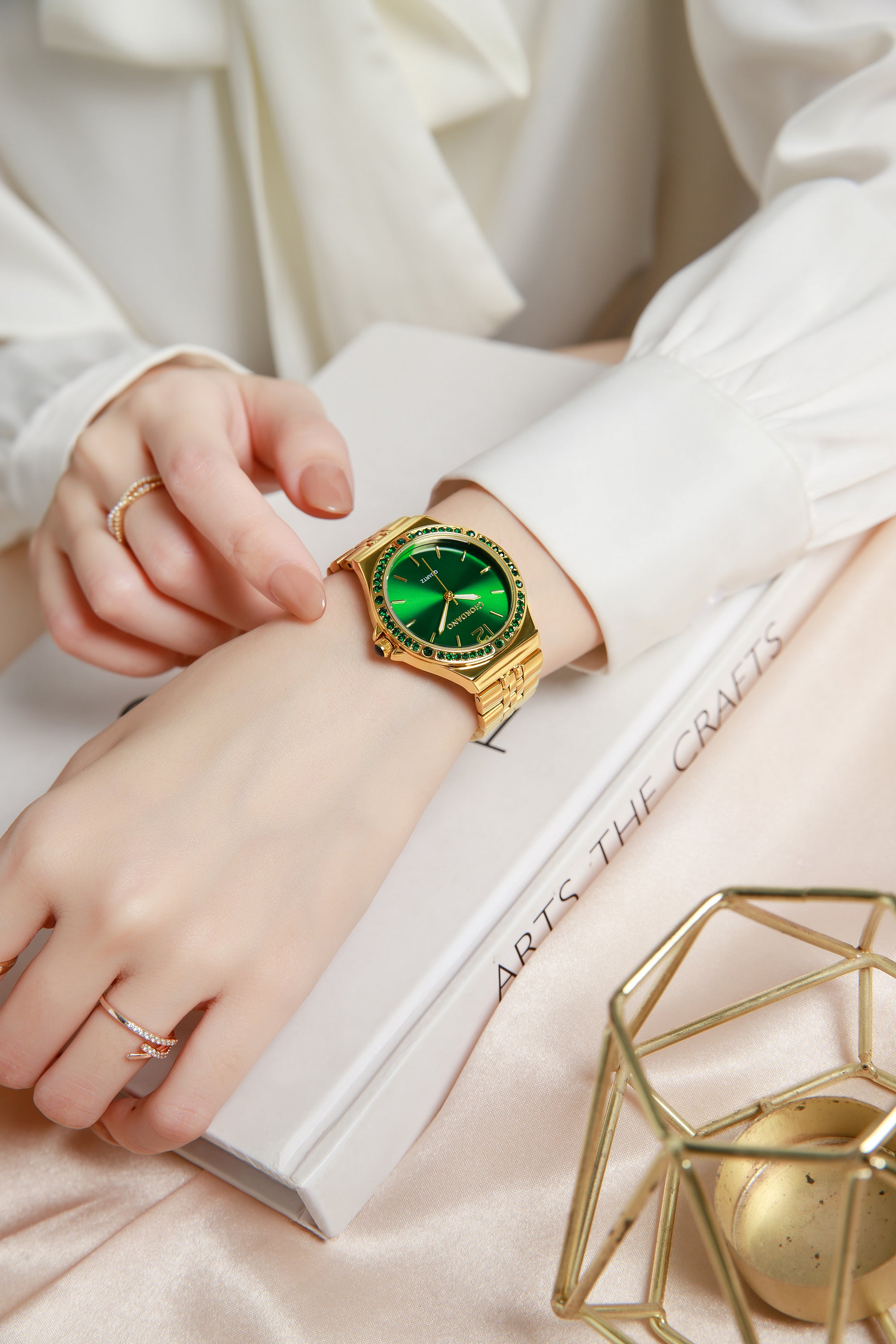 Giordano Analog Quartz Watch for Women with Round Green Dial, Crystal Studded Bezel, Blue Crown, Luminous Hands, Gold Stainless Steel Strap - GZ-60159-33