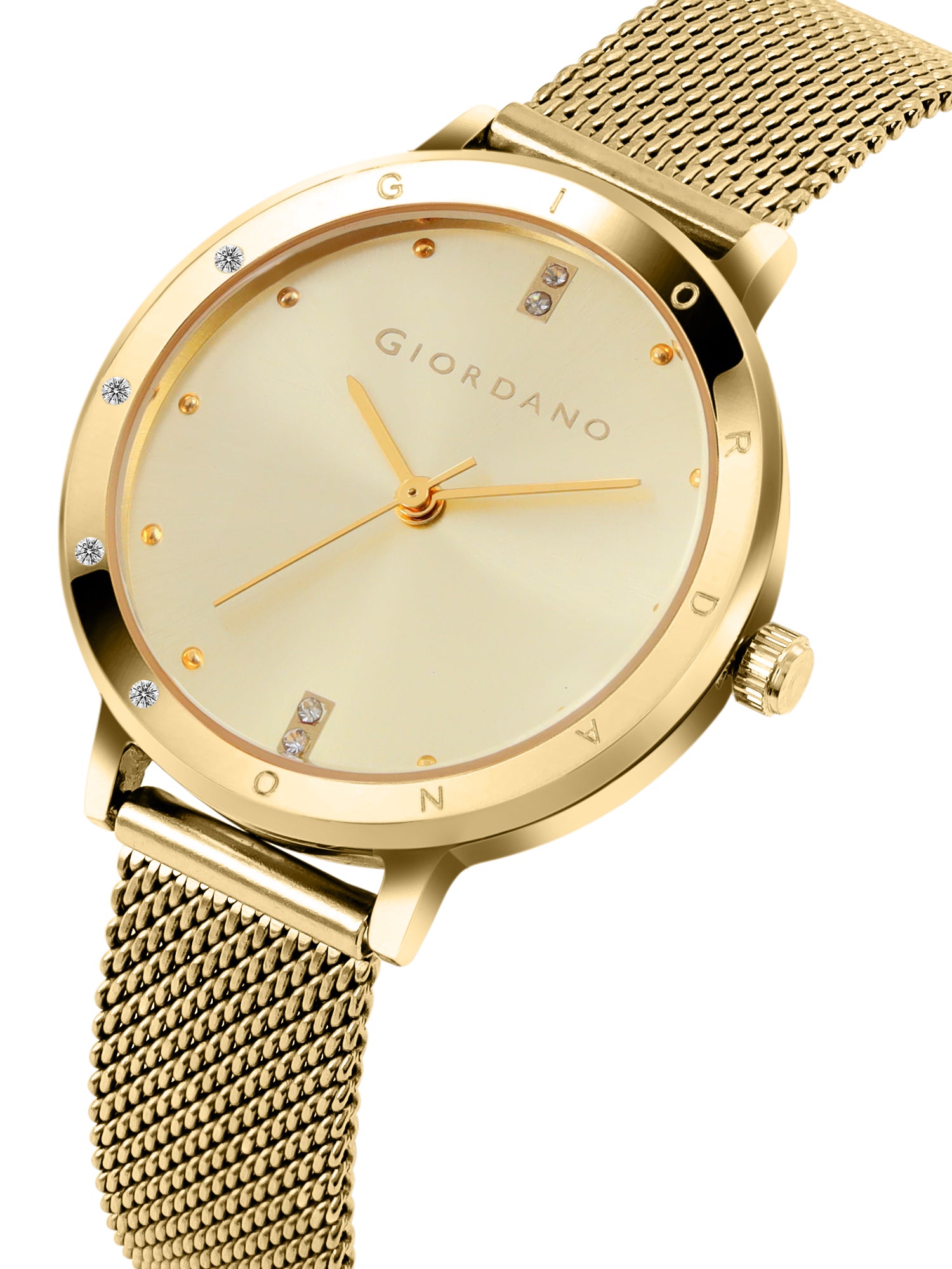 Giordano Analog Watch for Women with Round Gold Sunray Dial, Crystal Studded Bezel, Quartz Movement and Gold Stainless Steel Mesh Strap A2085-44
