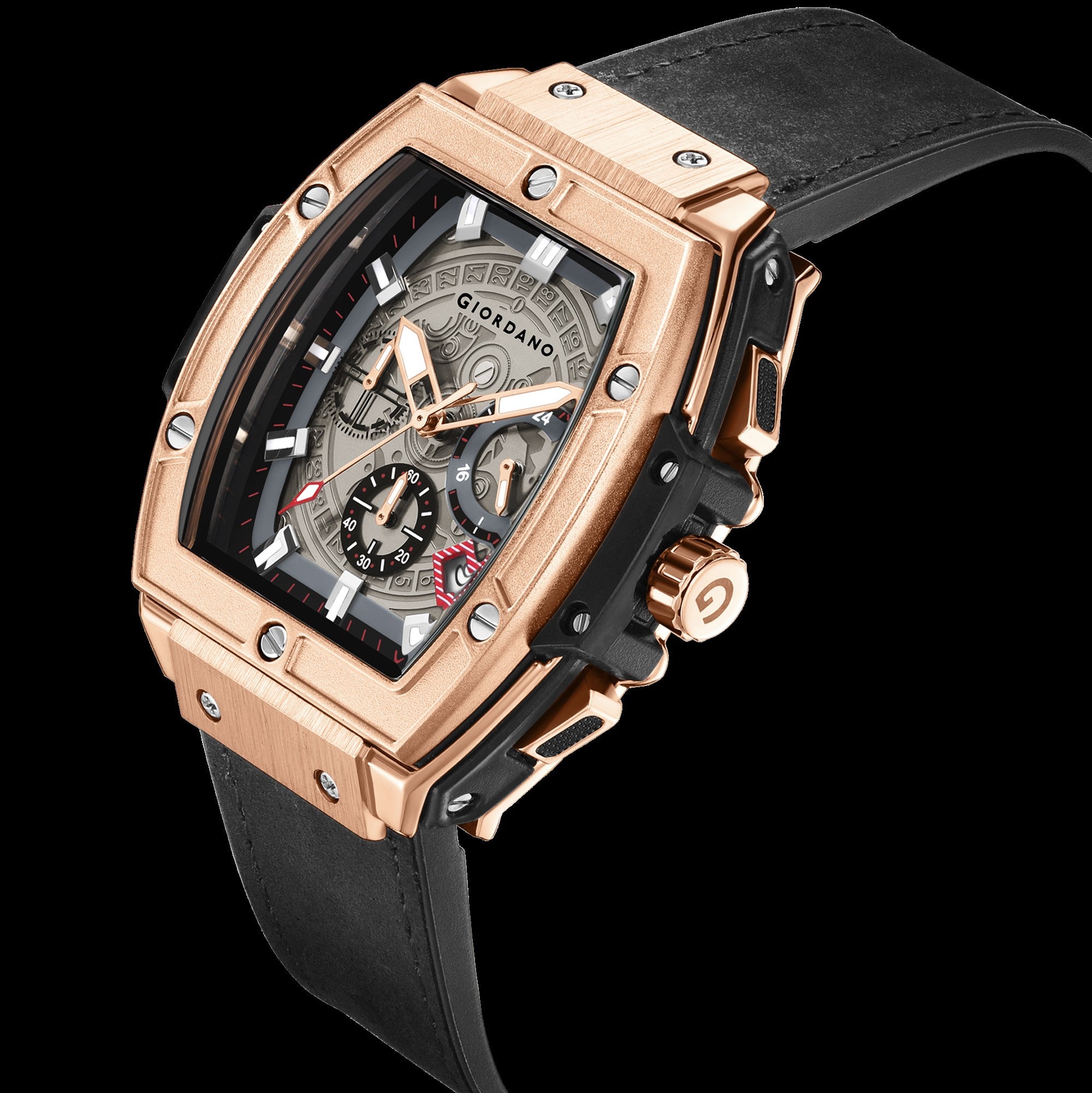 जिओडैनो टर्मिनेटर पुरुषों की रोज़ गोल्ड लेदर मल्टीफंक्शन वॉच - डे, डेट और 24-घंटे सब-डायल के साथ | पुरुषों के लिए वाटर रेसिस्टेंट स्क्वायर डायल यूनिक डिज़ाइन रिस्ट वॉच | GZ-50098-02