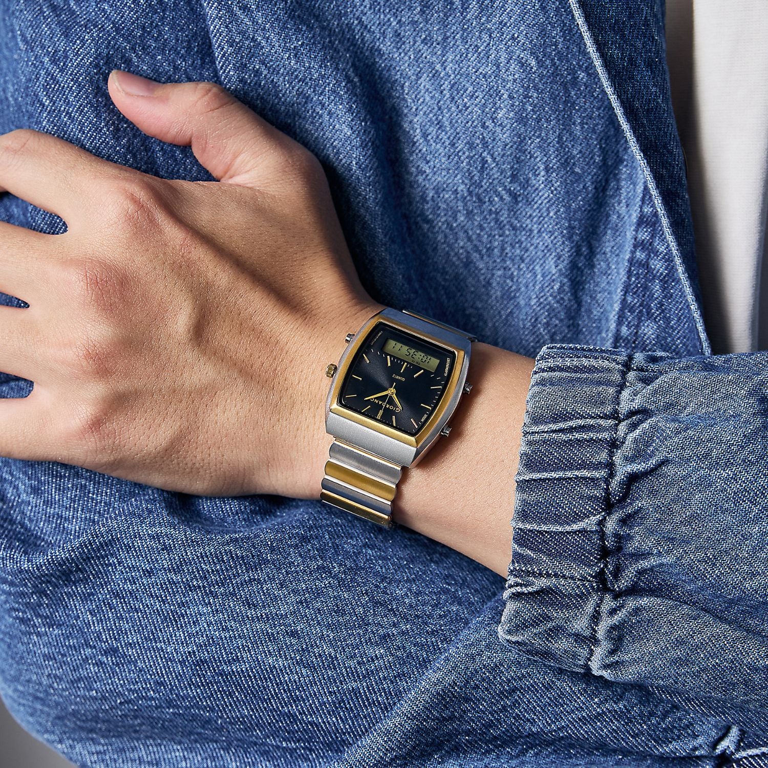 Giordano Analog Digital Watch for Men with Square Black Dial, Day Function, Silver and Gold Stainless Steel Strap - GZ-50207-33