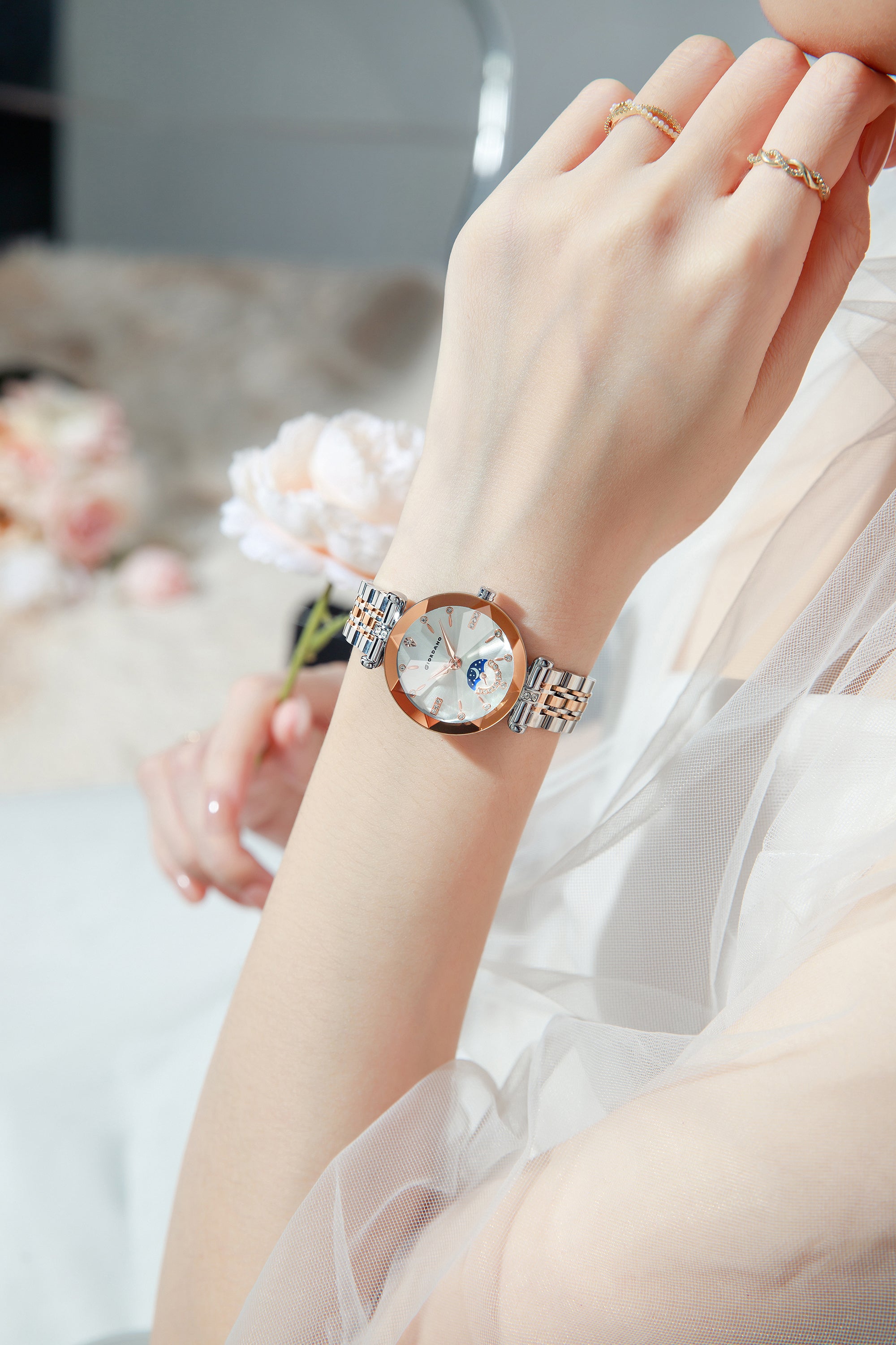 Giordano Analog Quartz Watch for Women with Silver Round Sunray Dial, Moonphase Display, Diamond Studded Hour Markers and Two-Tone Silver & Rose Gold Stainless Steel Bracelet - GZ-60094-55