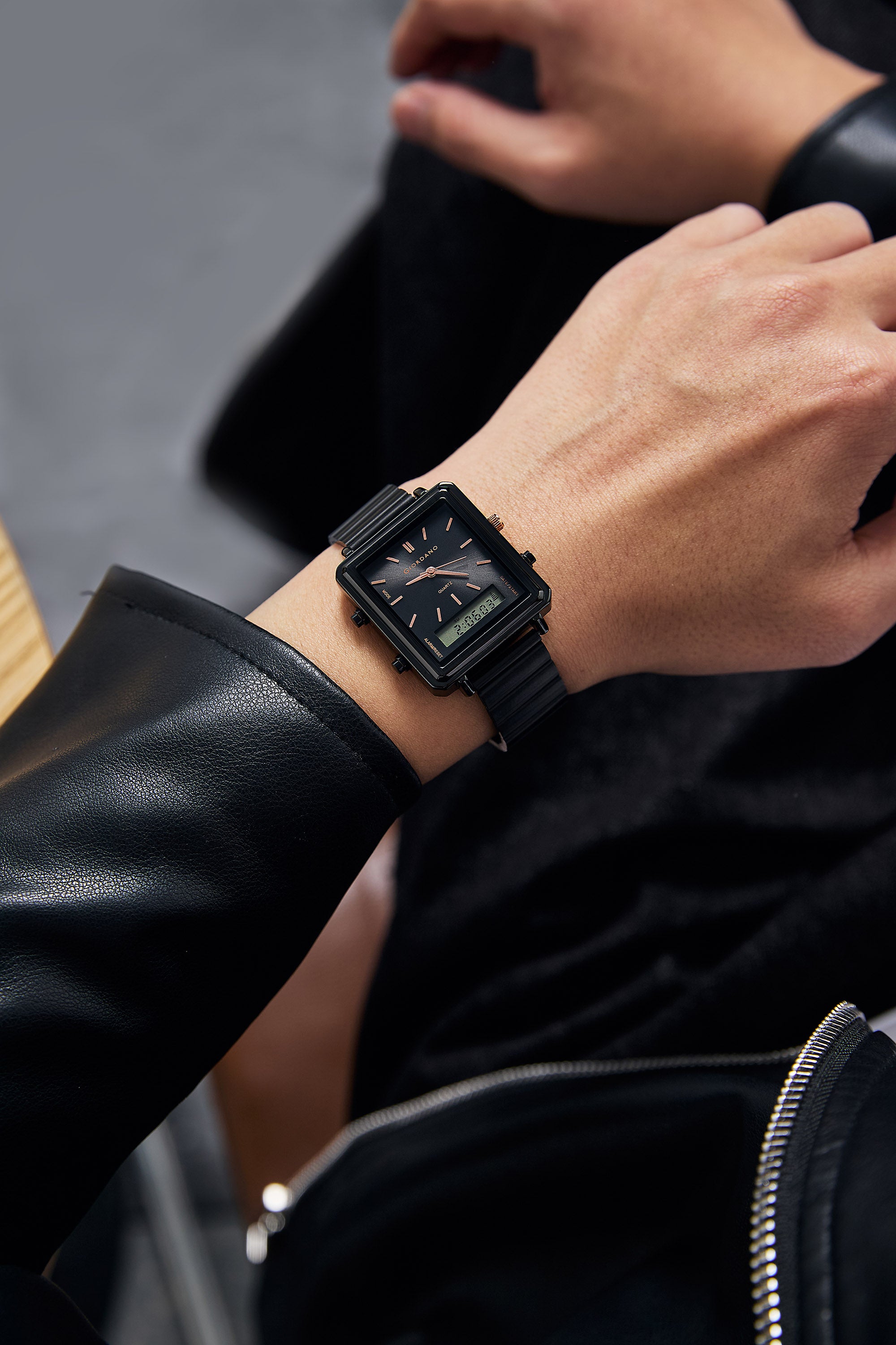 Giordano Analog Digital Watch for Men with Square Black Dial, Dual Time Display, Black Stainless Steel Strap - GZ-50210-11