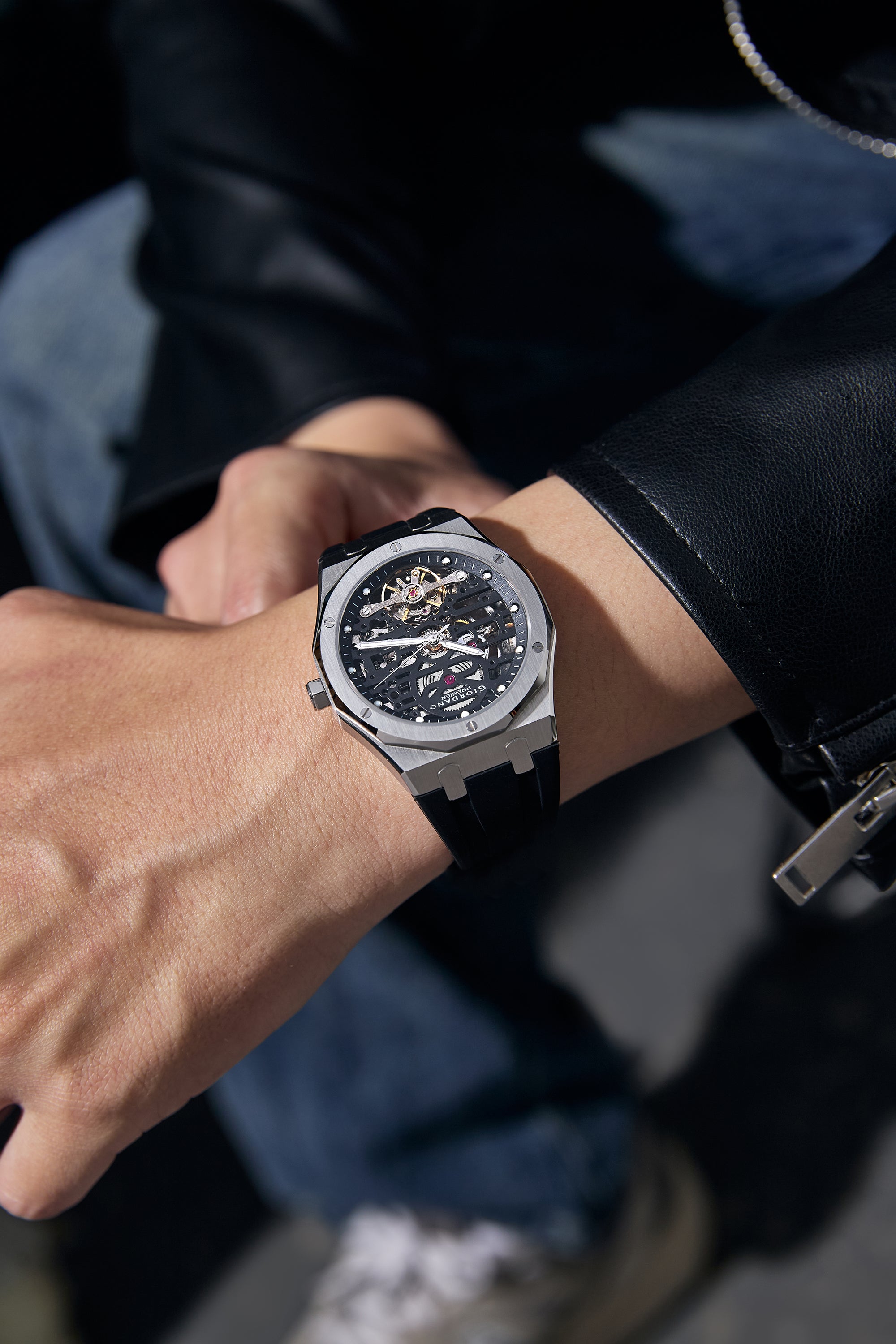 Giordano Automatic Watch for Men with Skeleton Round Black Dial, Luminous Hands and Markers, Black Silicone Strap - GZ-50224-02
