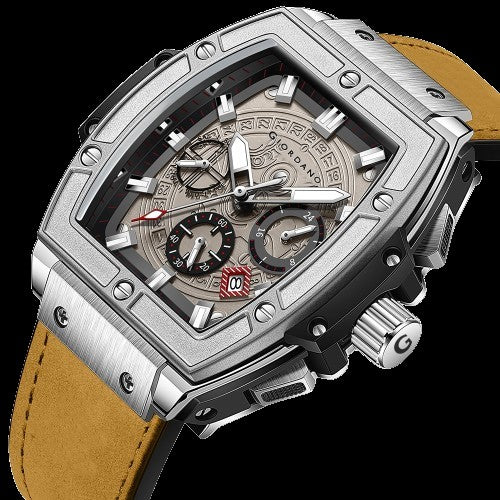 Giordano Terminator Men's Brown Leather Multifunction Watch - with Day, Date, and 24-Hour Sub-Dials | Water Resistant Square Dial Unique Design Wrist Watch for Man | GZ-50098-01