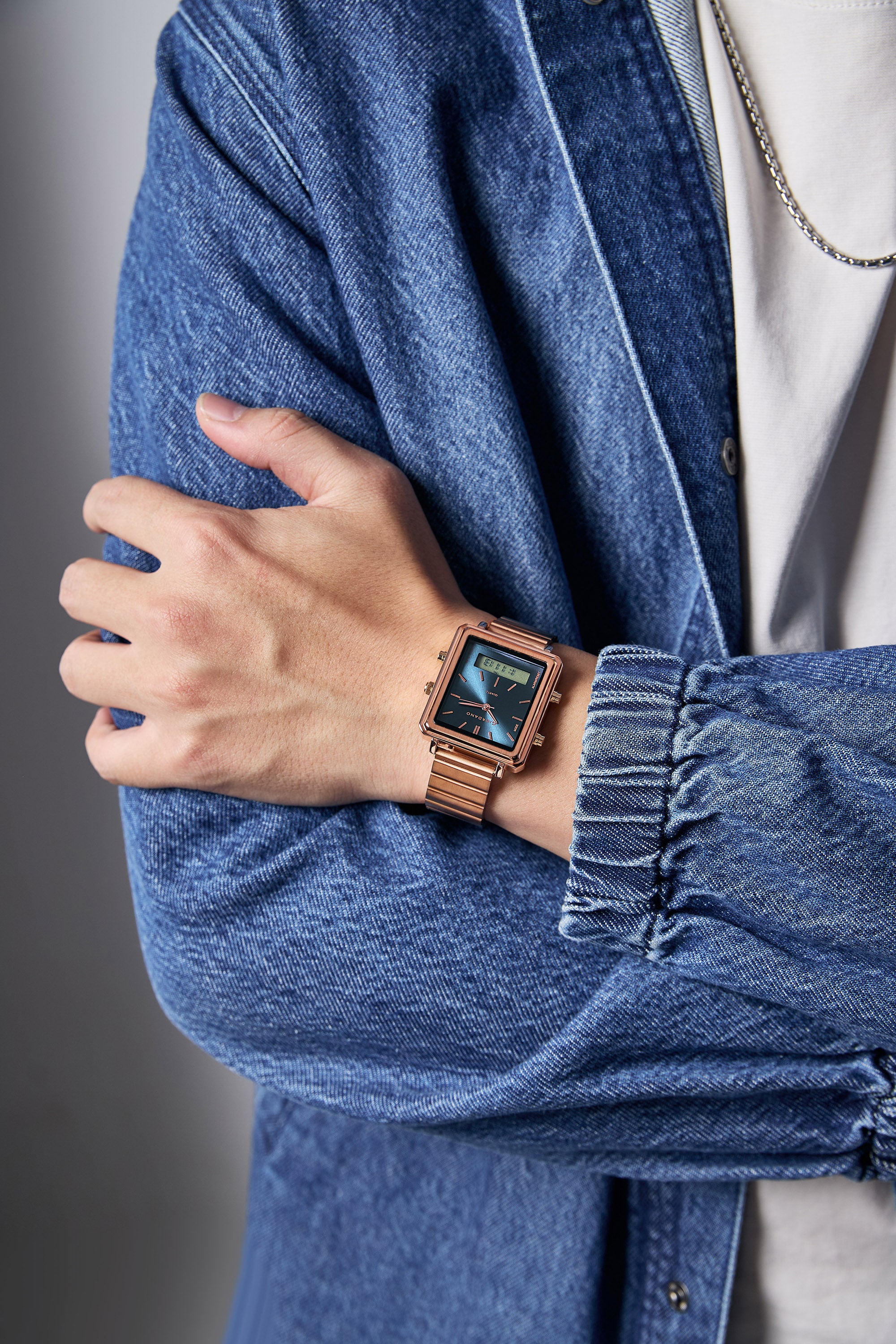 Giordano Analog Digital Watch for Men with Square Blue Dial, Dual Time Display, Rose Gold Stainless Steel Strap - GZ-50210-66