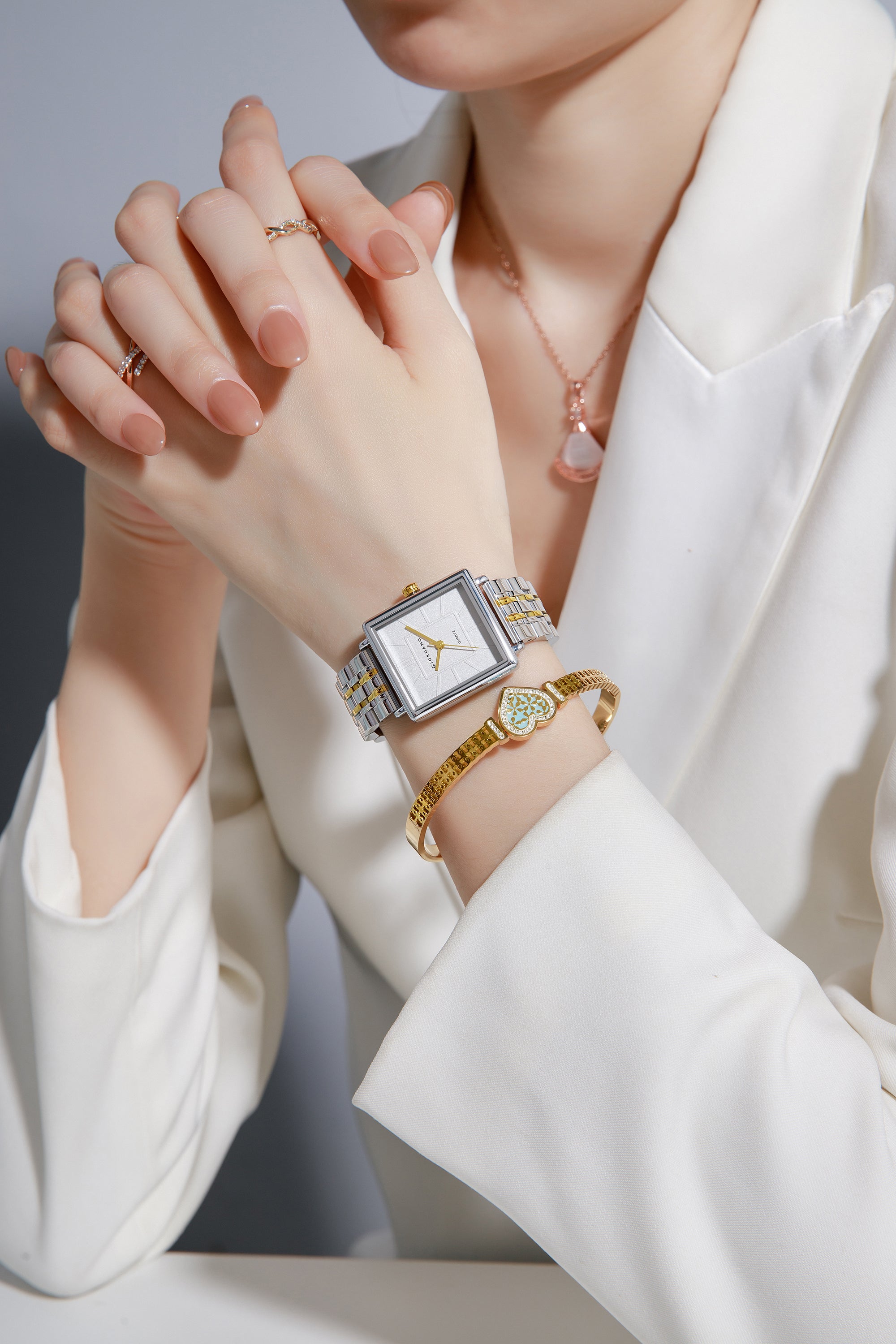 Giordano Silver & Gold Analog Quartz Watch Gift Set for Women – 3 Piece Combo with Rose Gold Mother of Pearl Fan Pendant Necklace & Crystal Heart Charm Bangle Bracelet, Fashion Jewelry Set GZ-60180-33