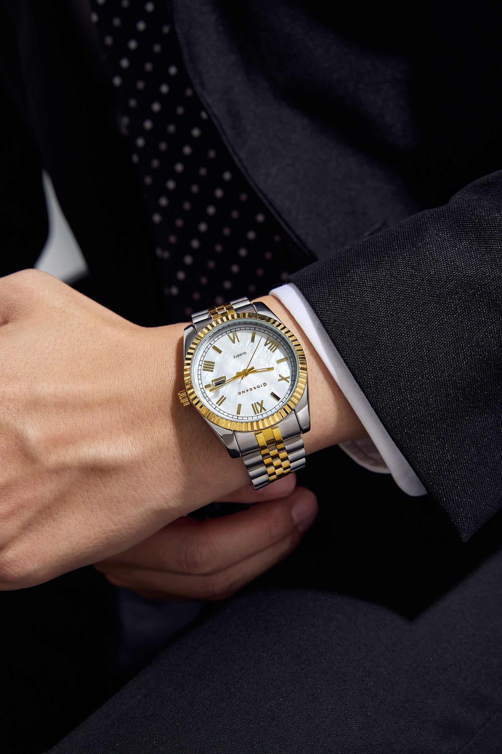 Giordano Analog Quartz Watch for Men with White Mother-of-Pearl Dial, Roman Numeral & Baton Markers, Date Display, Fluted Bezel and Two-Tone Gold & Silver Stainless Steel Strap - GZ-50190-11