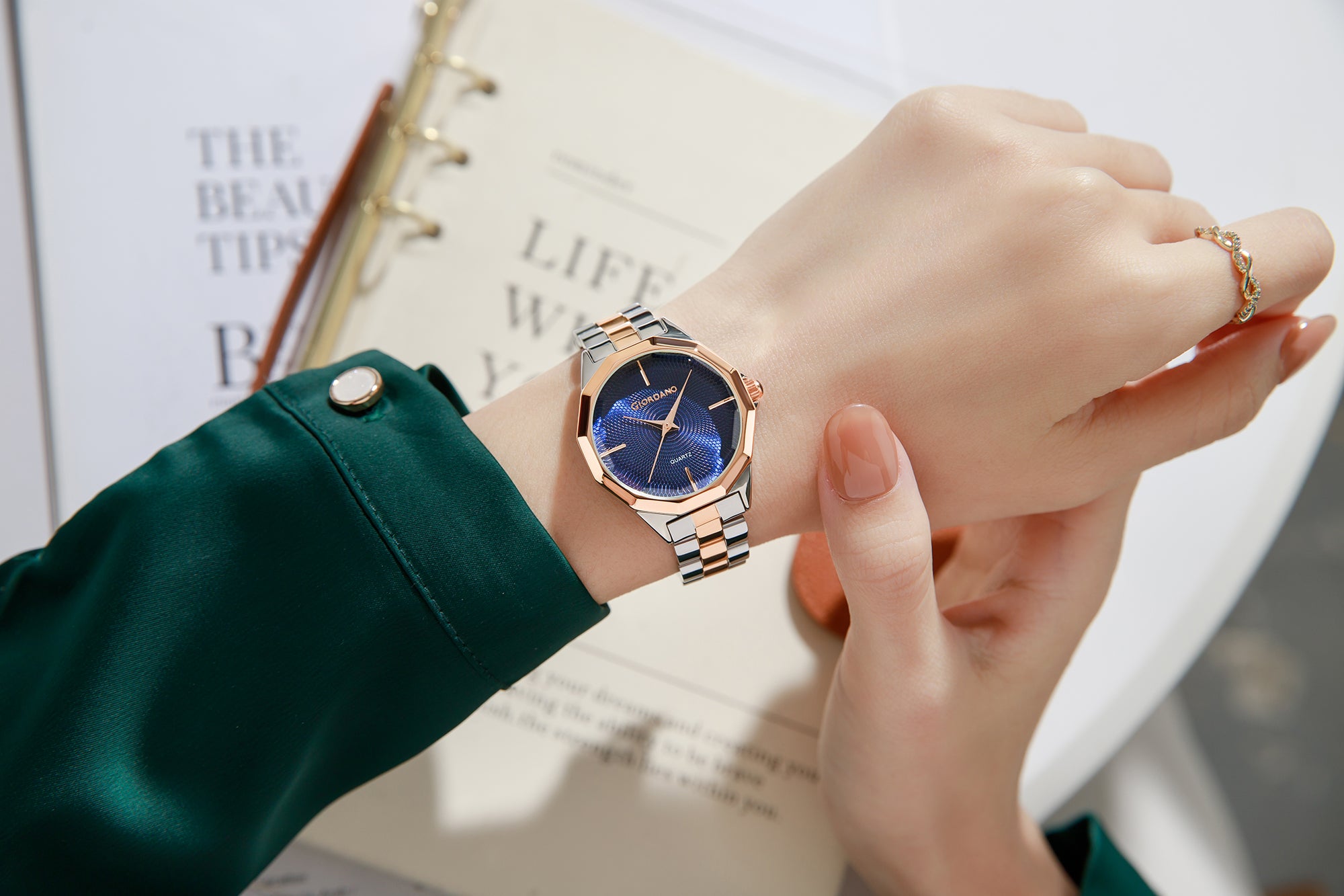 Giordano Analog Quartz Watch for Women with Textured Round Blue Dial, Square Case, Blue Crown, Silver and Rose Gold Stainless Steel Strap - GZ-60158-22