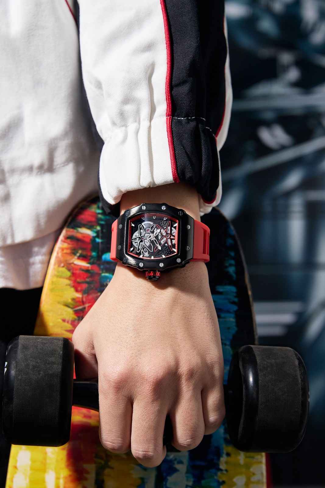 Giordano Analog Skeleton Dial Watch for Men – Tonneau Case, Silicone Strap, Open-Gear Sport Design, Quartz Movement - GZ-50188-66
