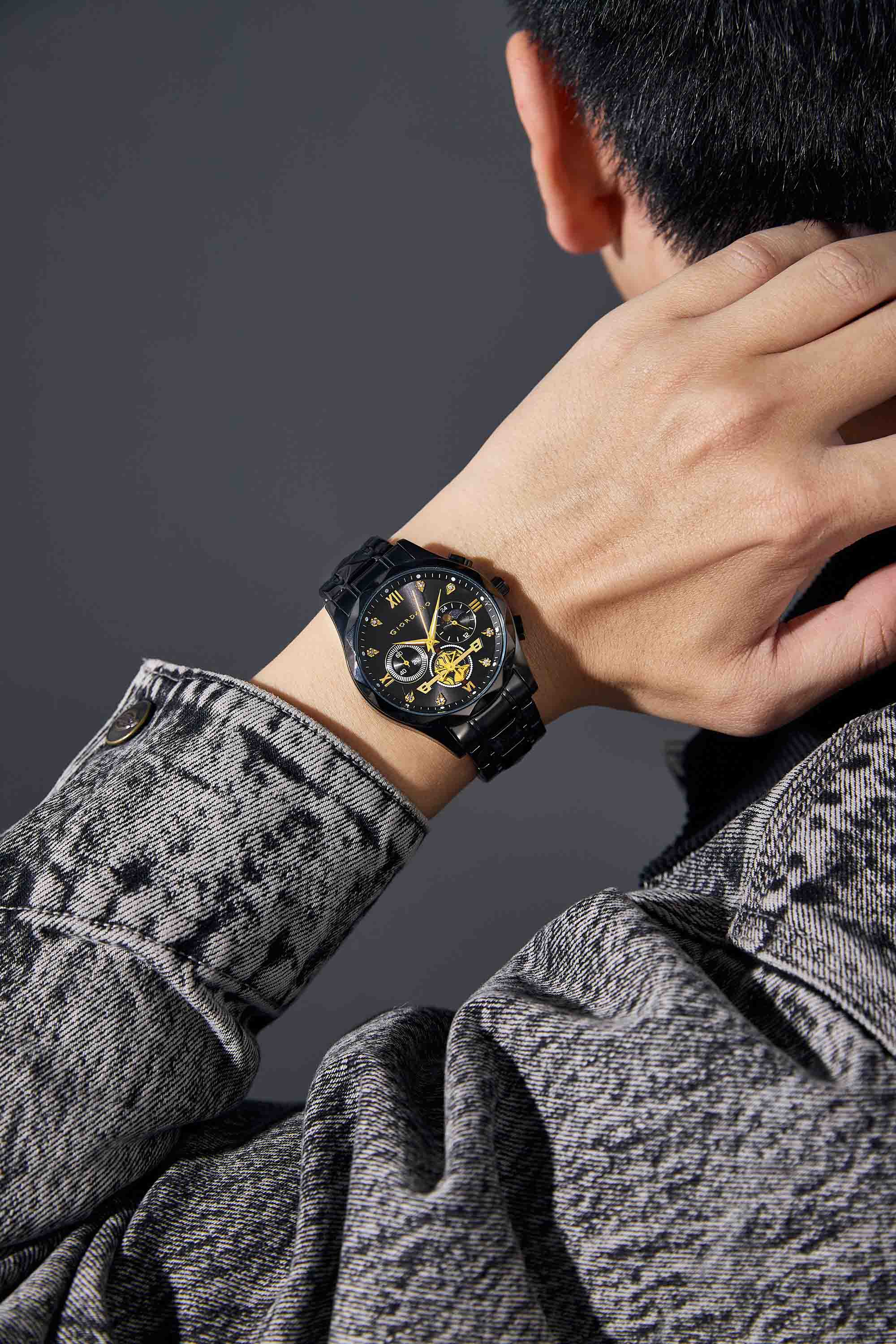 Giordano Chronograph Analog Quartz Watch for Men with Black Dial, Multifunction Subdials, Sun Moon Display, Crystal Hour Markers, Roman Numerals, Black Stainless Steel Strap - GZ-50236-11