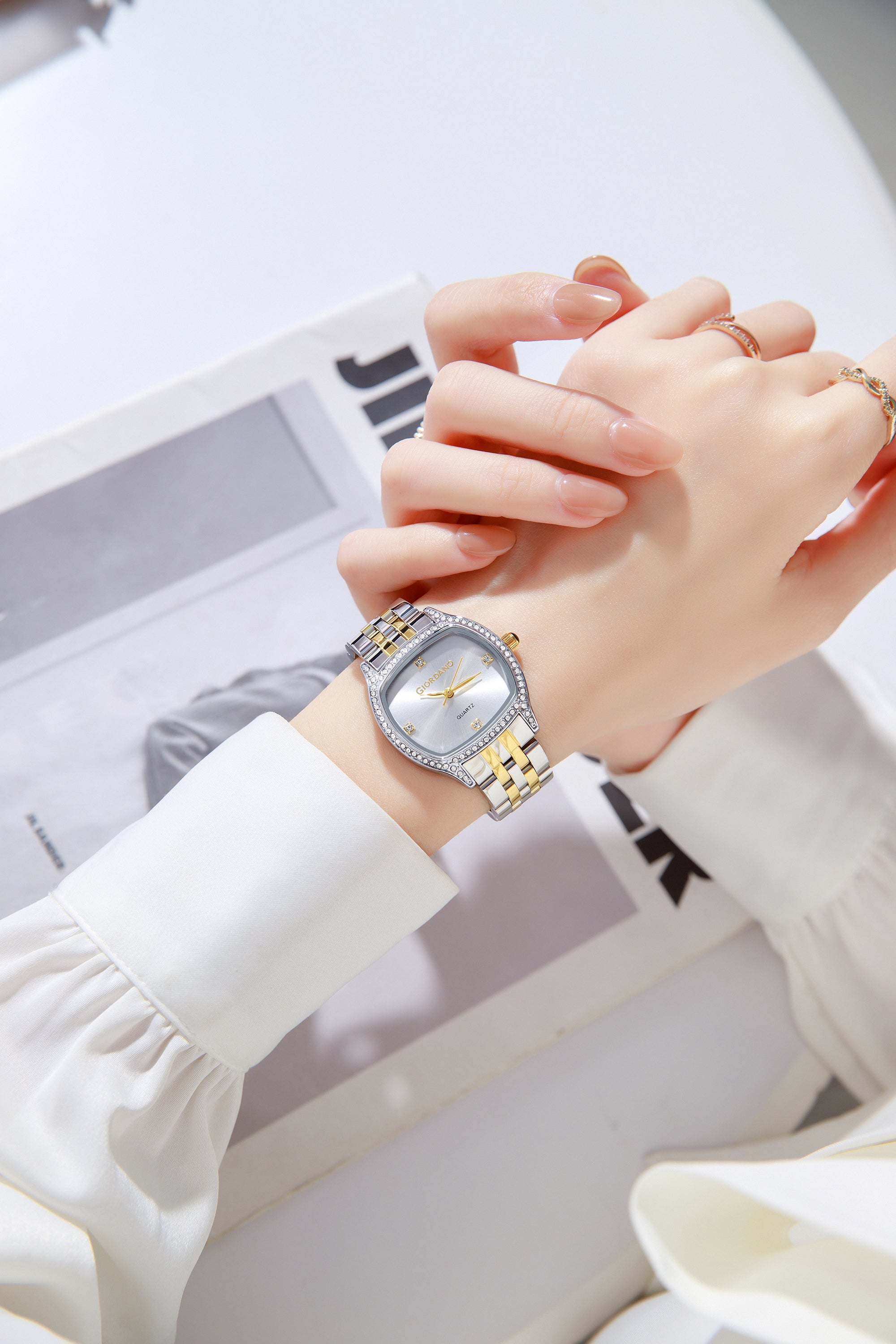 Giordano Analog Quartz Watch for Women with Square White Dial, Blue Crown, Crystal Studded Hour Markers and Bezel, Silver and Gold Stainless Steel Strap - GZ-60163-11